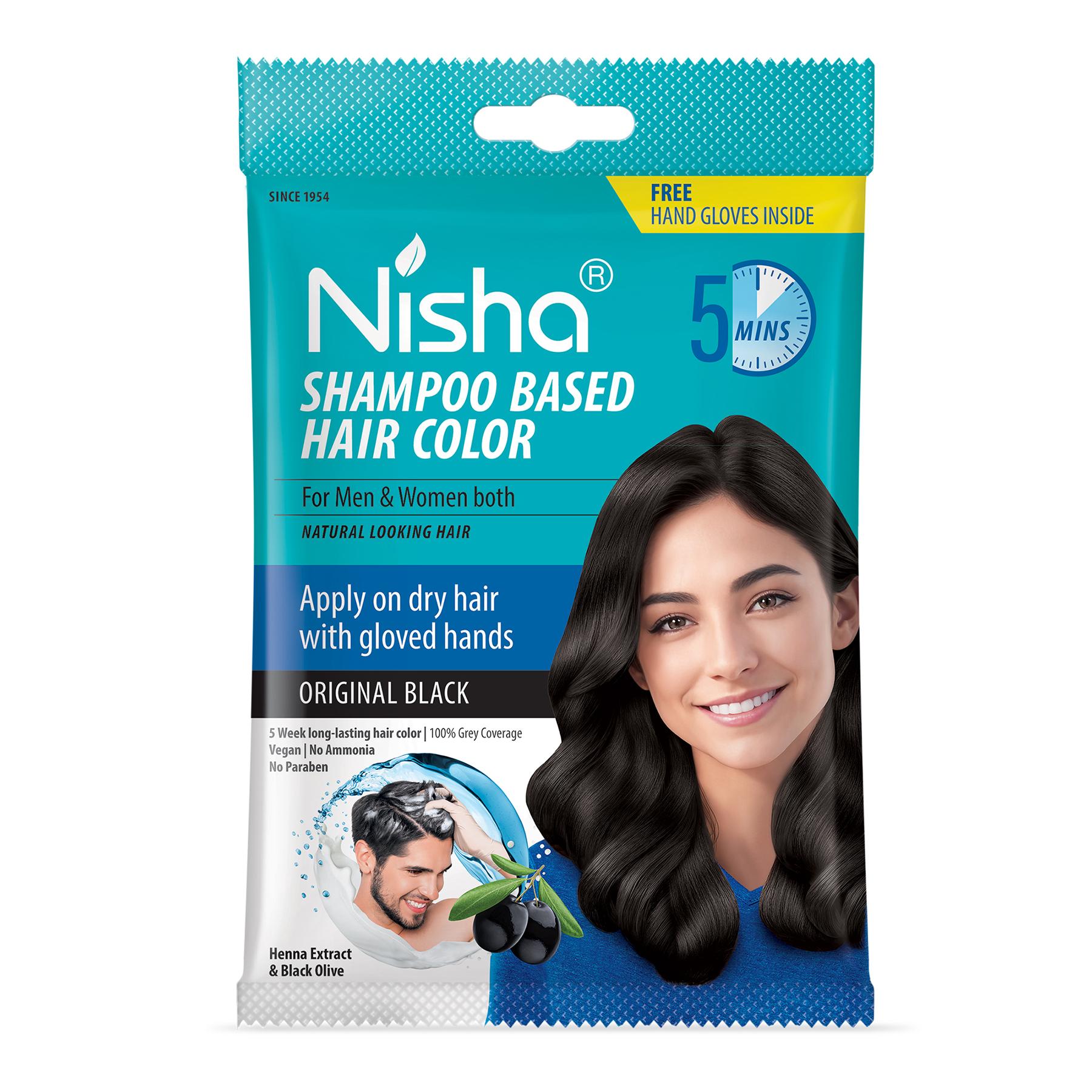 Nisha Quick Color Shampoo Hair Color, Ammonia Free, 100% Grey Coverage, Long Lasting Colour Up To 5 Weeks, Easy, Mess-free Use For Men & Women, Original Black (160ML)