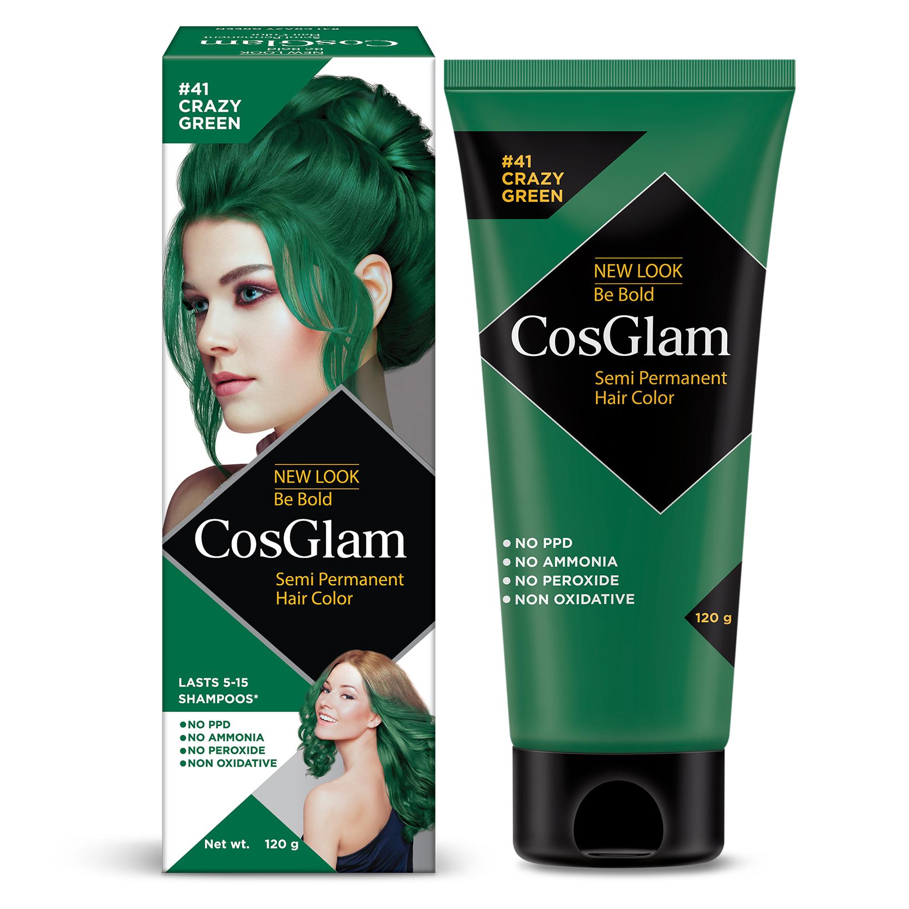 Cosglam Semi Permanent Hair Color For Women & Men, (120G, #41 Crazy Green) Enriched With Conditioner, Glossy Finish, No Ammonia, No Peroxide & Non Oxidative