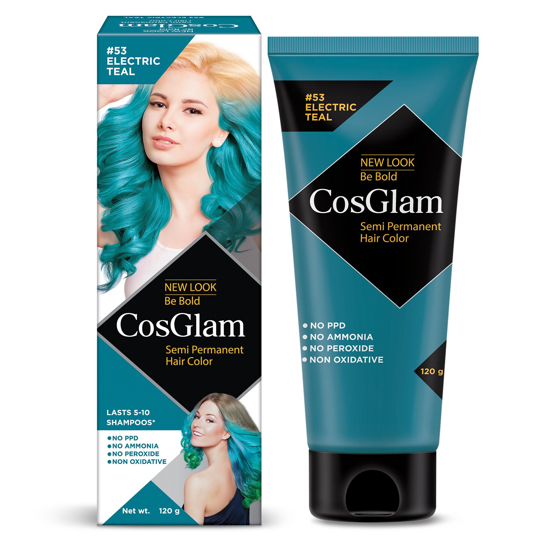 Cosglam Semi Permanent Hair Color For Women & Men, (120G, #53 Electric Teal) Enriched With Conditioner, Glossy Finish, No Ammonia, No Peroxide & Non Oxidative