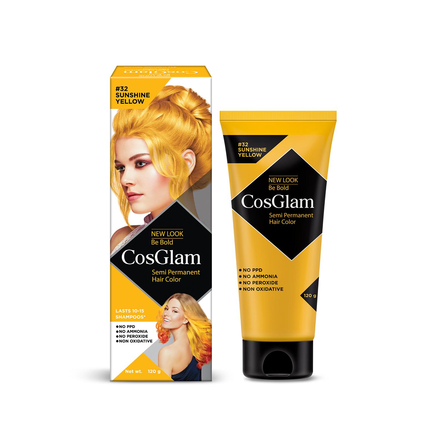 Cosglam Semi Permanent Hair Color For Women & Men, (120G, #32 Sushine Yellow) Enriched With Conditioner, Glossy Finish, No Ammonia, No Peroxide & Non Oxidative