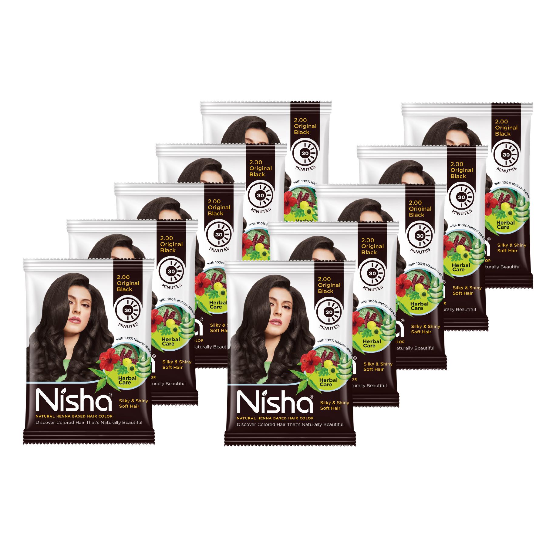 Nisha Hair Colour For Women - Original Black, 25G Each (PACK Of 10) | Herbal Conditioning | 100% Henna-based Hair Colour