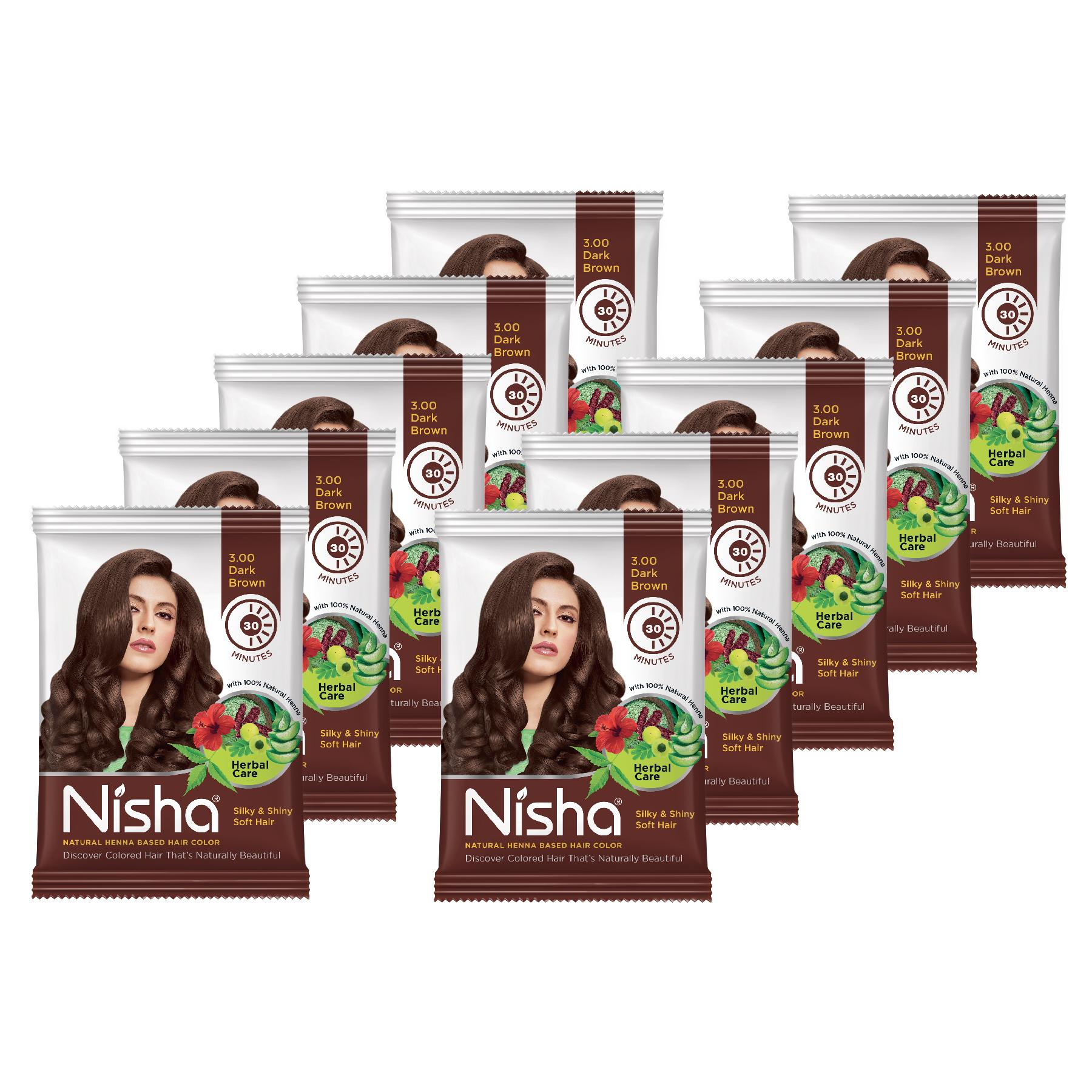 Nisha Hair Colour For Women - Dark Brown, 25G Each (PACK Of 10) | Herbal Conditioning | 100% Henna-based Hair Colour