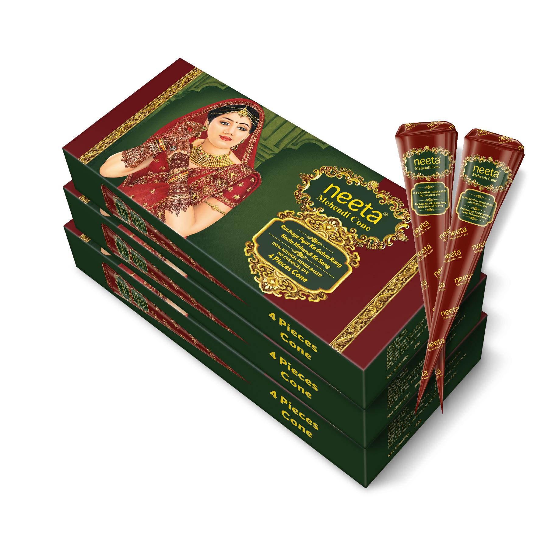 Neeta Mehendi Cone For Hand Design – Pack Of 3 (4 Henna Cones Each, 20G) For Bridal, Wedding & Dulhan Mehndi, Ready-to-use