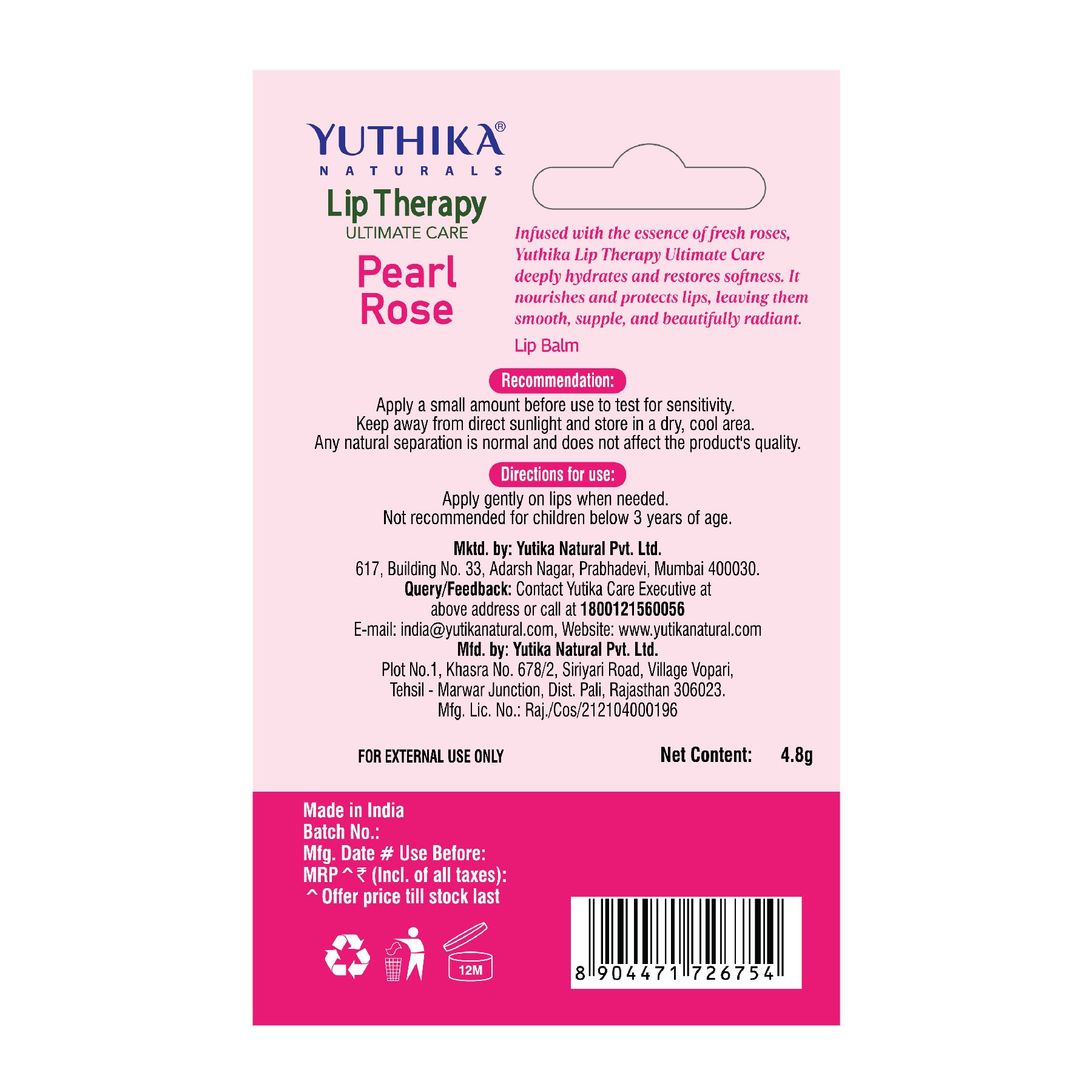 Yuthika Moisturizing Lip Balm – Pearl Rose 4.8G | Repairs Dry, Damaged Lips With Natural Oils | Hydrated & Smooth Lips | Glossy Finish image 2