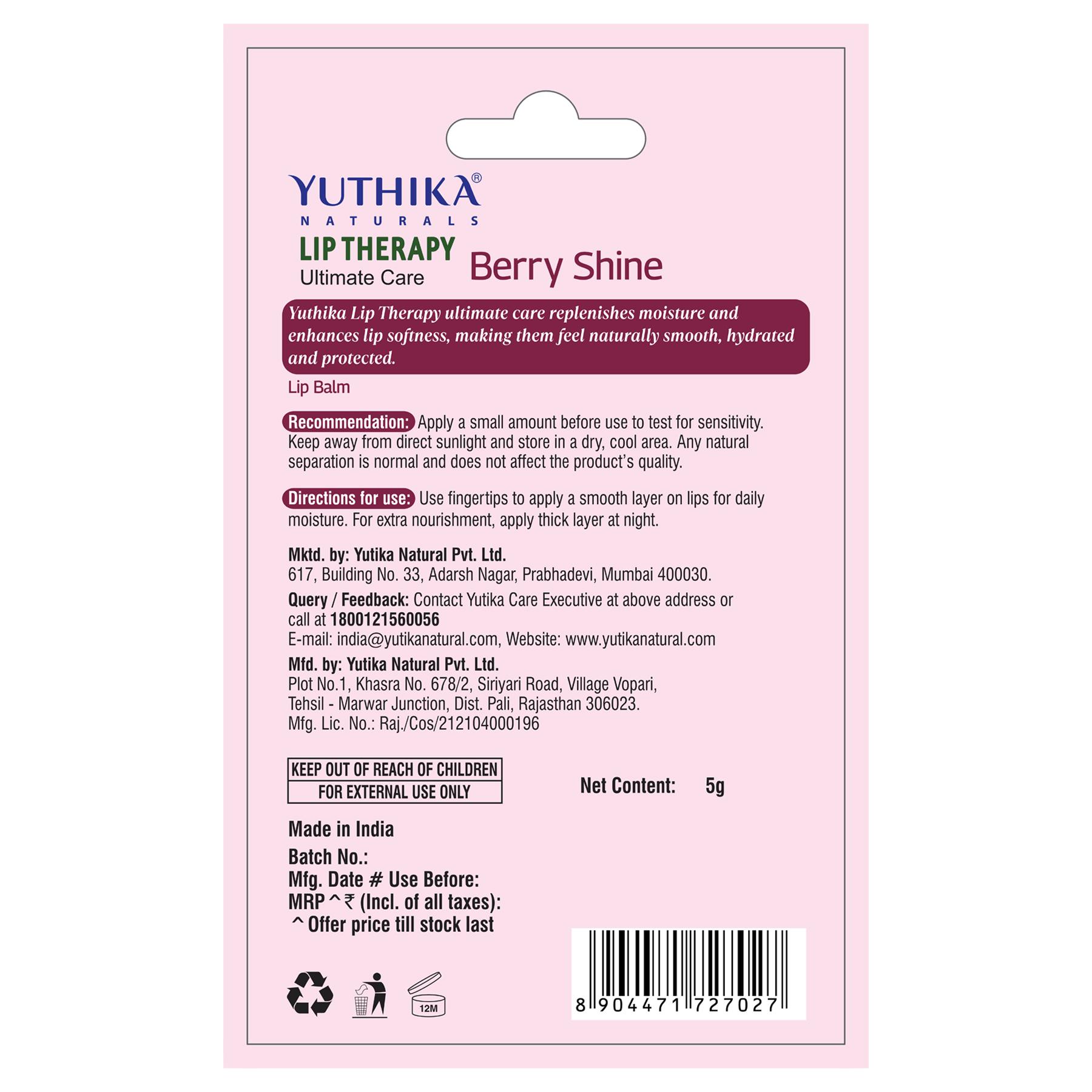 Yuthika Moisturizing Lip Balm – Berry Shine 5G | Repairs Dry, Damaged Lips With Natural Oils | Hydrated & Smooth Lips | Jar Pack image 2