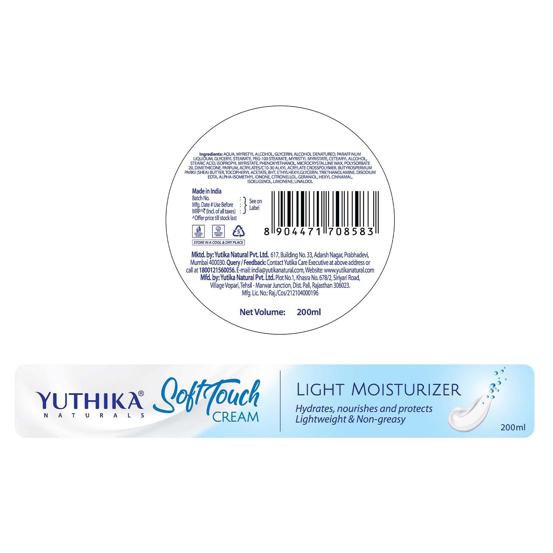 Yuthika Naturals Soft Touch Light Moisturizer Cream | Non-sticky & Deep Nourishment | For Face, Hand & Body | Glycerin, Shea Butter & Vitamin E |(200G) image 2