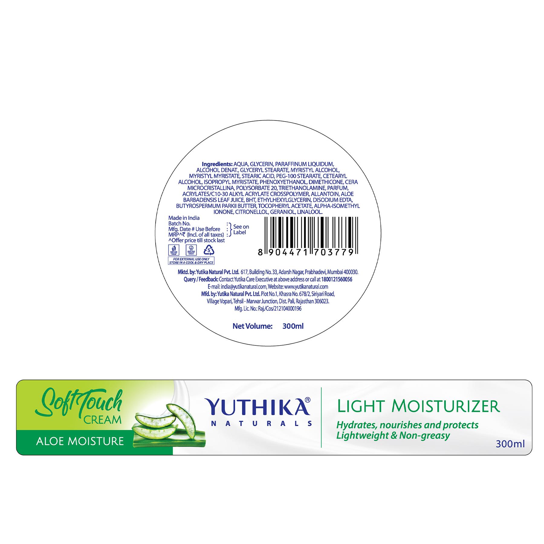 Yuthika Naturals Aloe Moisture Light Moisturizer Cream For Face, Hand & Body, Non-sticky, Deep Nourishment, Suitable For All Skin Types (300ML) image 2