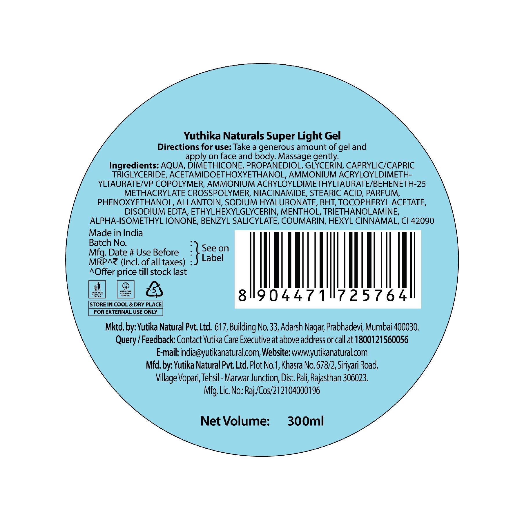 Yuthika Super Light Gel Face Moisturizer With Hyaluronic Acid 300ML | Oil-free & Non Sticky | Face Gel For Combination & Oily Skin | Moisturizer Cream image 2