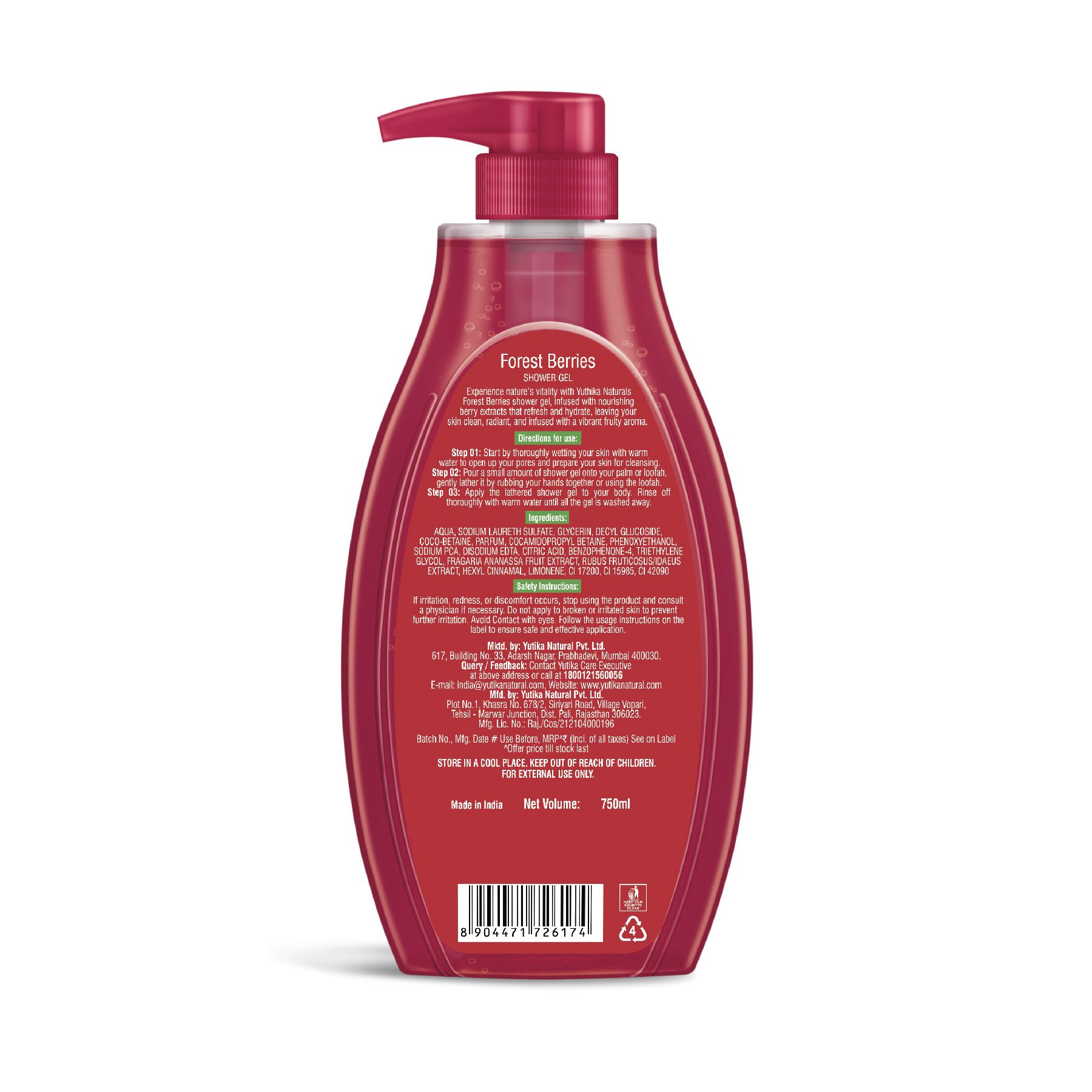 Yuthika Forest Berries Body Wash Shower Gel 750 Ml | Gentle Cleanser For Women & Men | Refreshing Fragrance | Suitable For All Skin Types | Daily Nourishing Bath Care image 2
