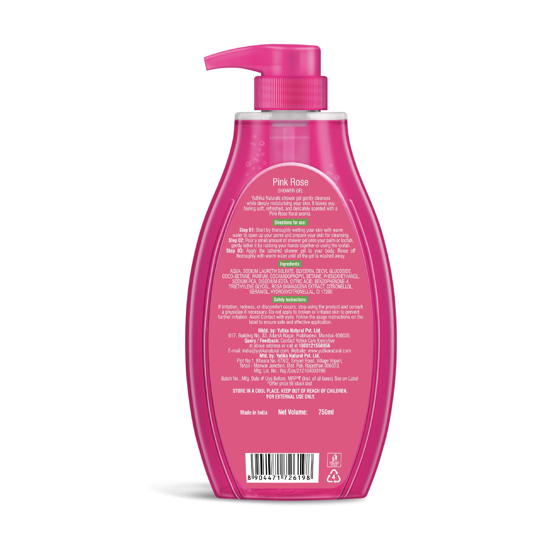 Yuthika Pink Rose Body Wash Shower Gel 750 Ml | Gentle Cleanser For Women & Men | Refreshing Fragrance | Suitable For All Skin Types | Daily Nourishing Bath Care image 2
