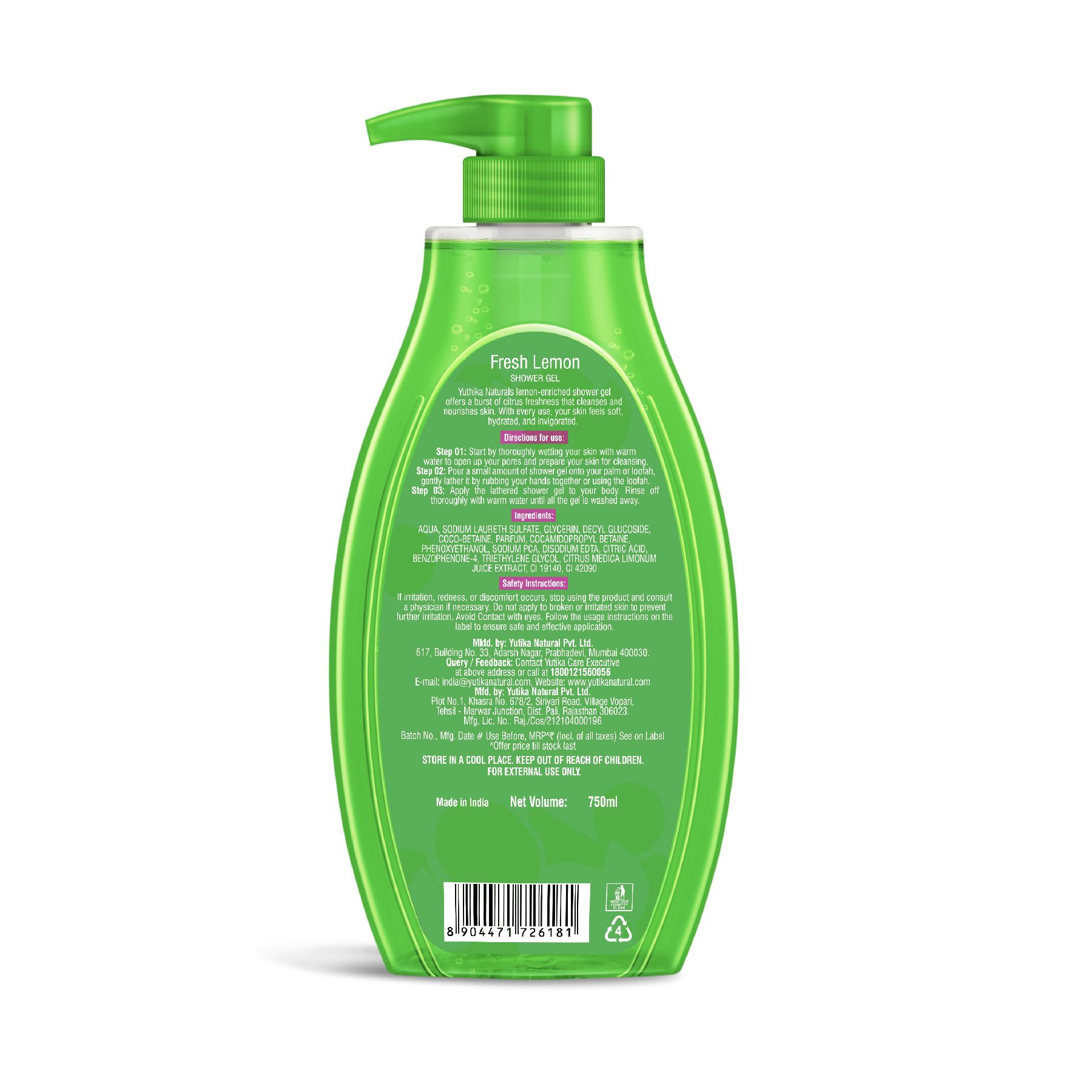 Yuthika Fresh Lemon Body Wash Shower Gel 750 Ml | Gentle Cleanser For Women & Men | Refreshing Fragrance | Suitable For All Skin Types | Daily Nourishing Bath Care image 2