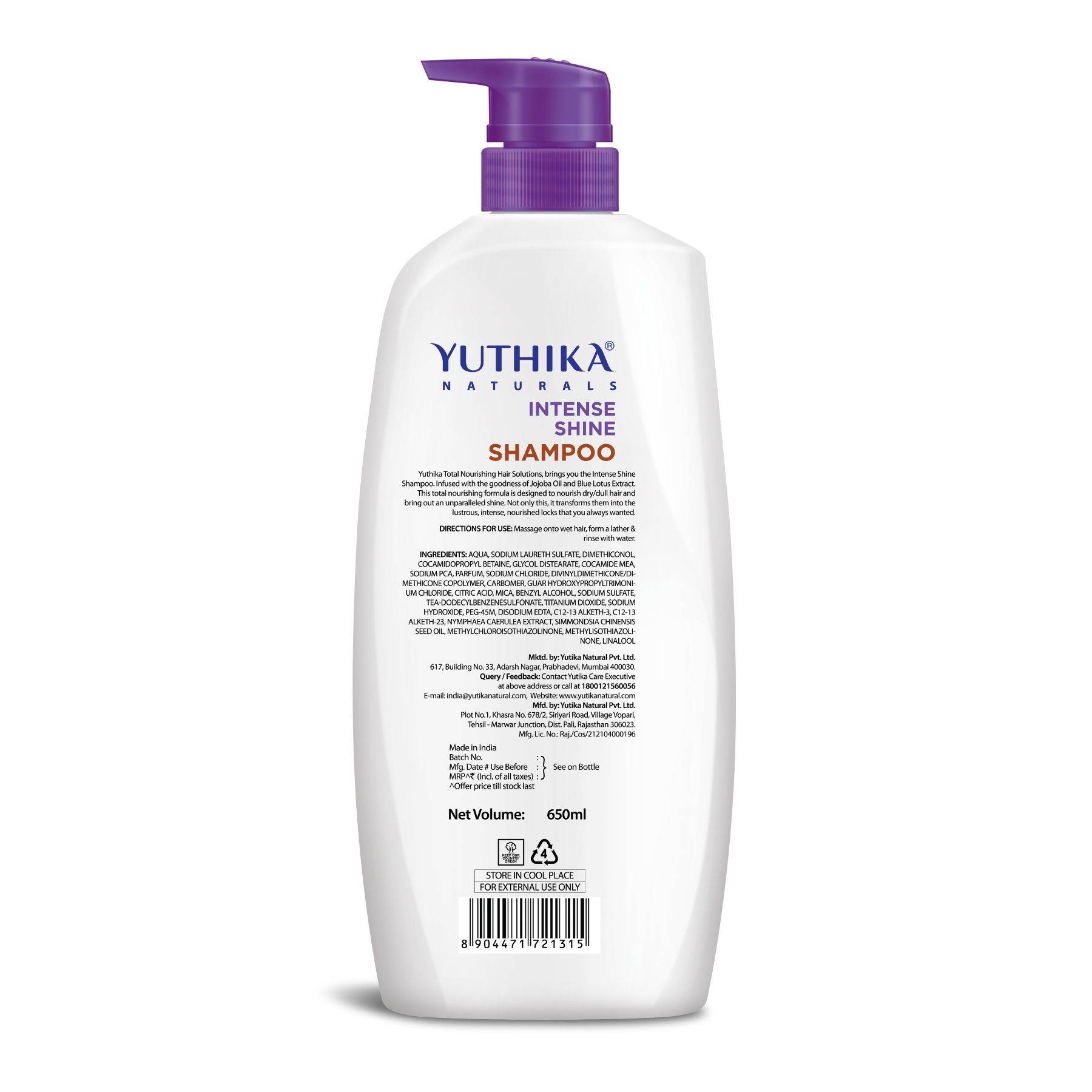 Yuthika Intense Shine Shampoo For Women & Men 650ML | Total Nourishing Hydrating Hair Shampoo For Dull, Dry & Frizzy Hair |INFUSED With Jojoba Oil & Blue Lotus Extract image 2
