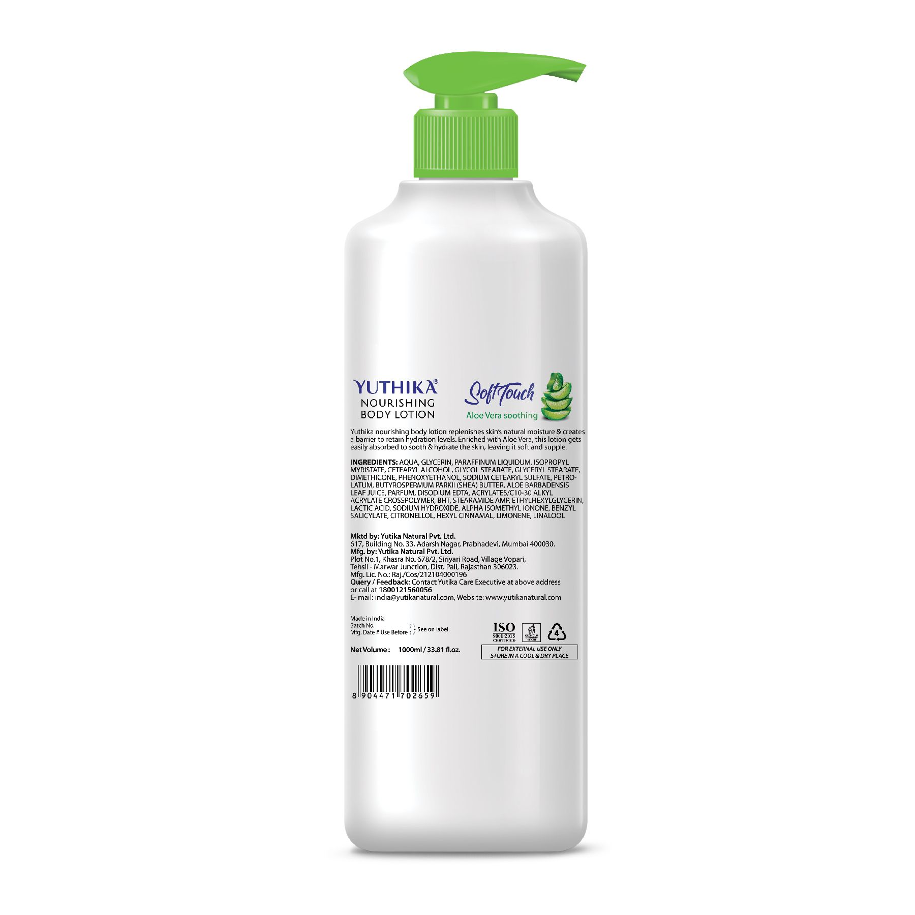Yuthika Aloe Vera Soft Touch Body Lotion For Women & Men, Lightweight, Non-greasy Moisturizer For Soft, Smooth Skin, All Skin Types (1000ML) image 2