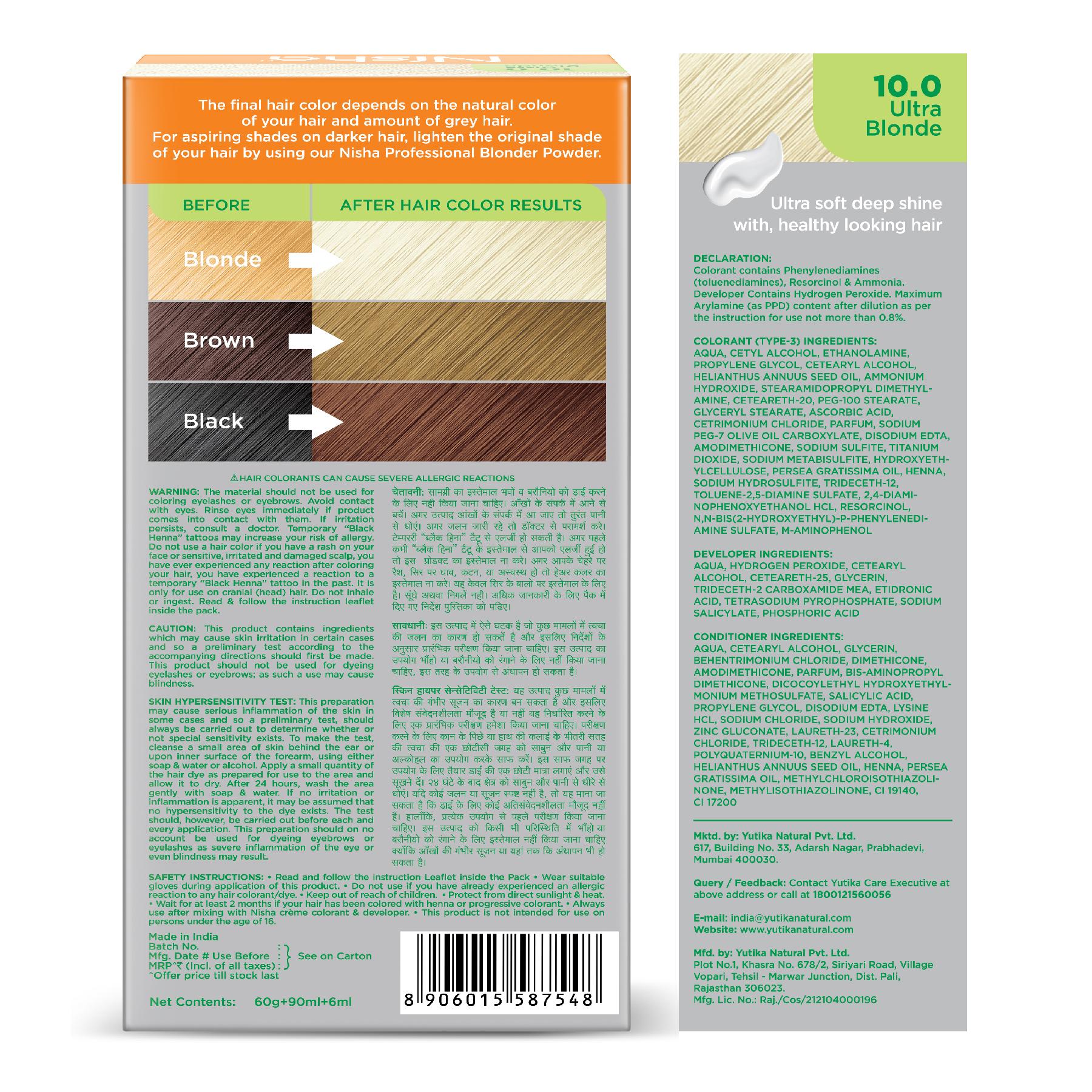 Nisha Creme Hair Color For Women - Ultra Blonde, 60G+90ML, Long-lasting, 100% Grey Coverage Permanent Hair Colour For Soft, Shiny, Healthy Hair image 2