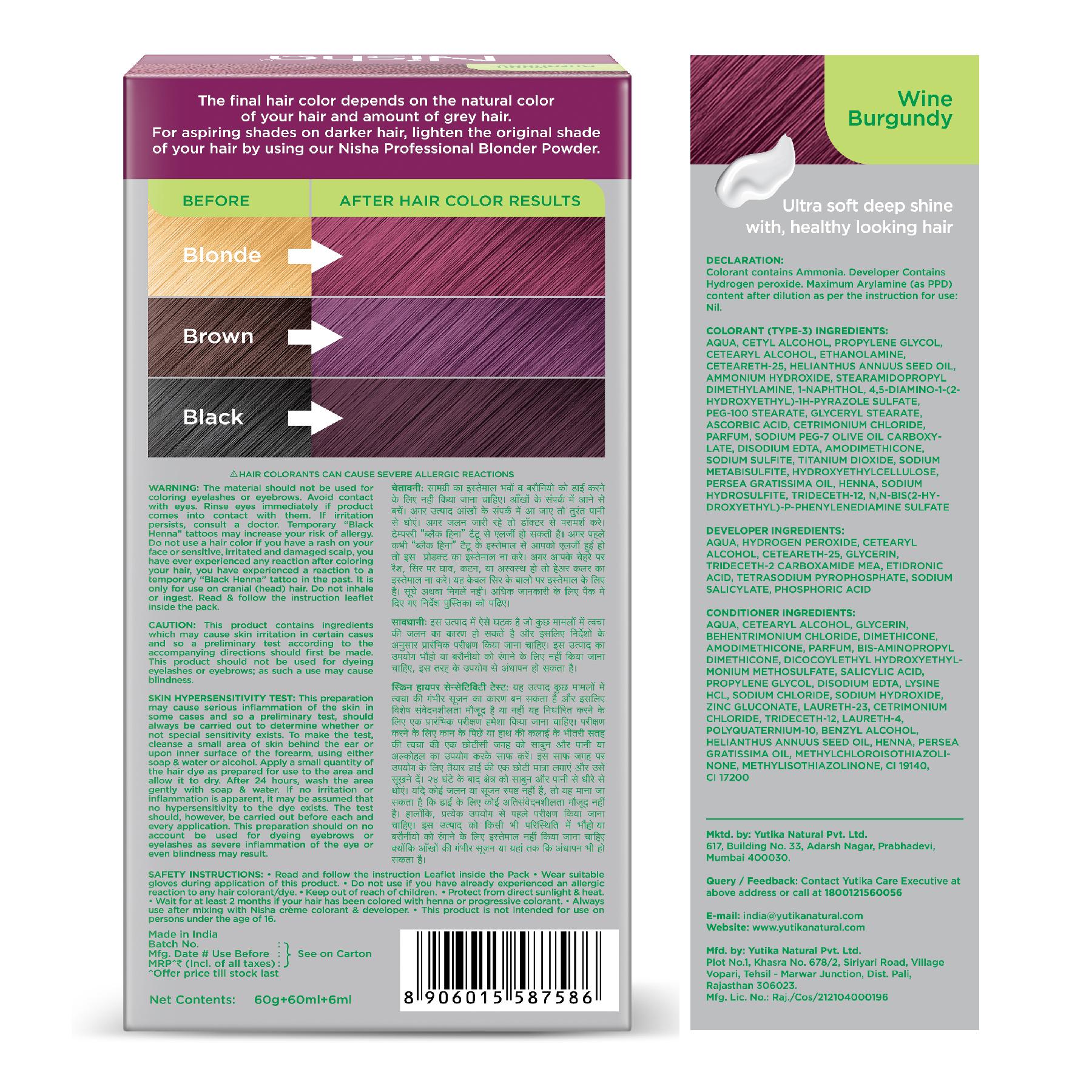 Nisha Creme Hair Color For Women - Wine Burgundy, 60G+60ML, Long-lasting, 100% Grey Coverage Permanent Hair Colour For Soft, Shiny, Healthy Hair image 2