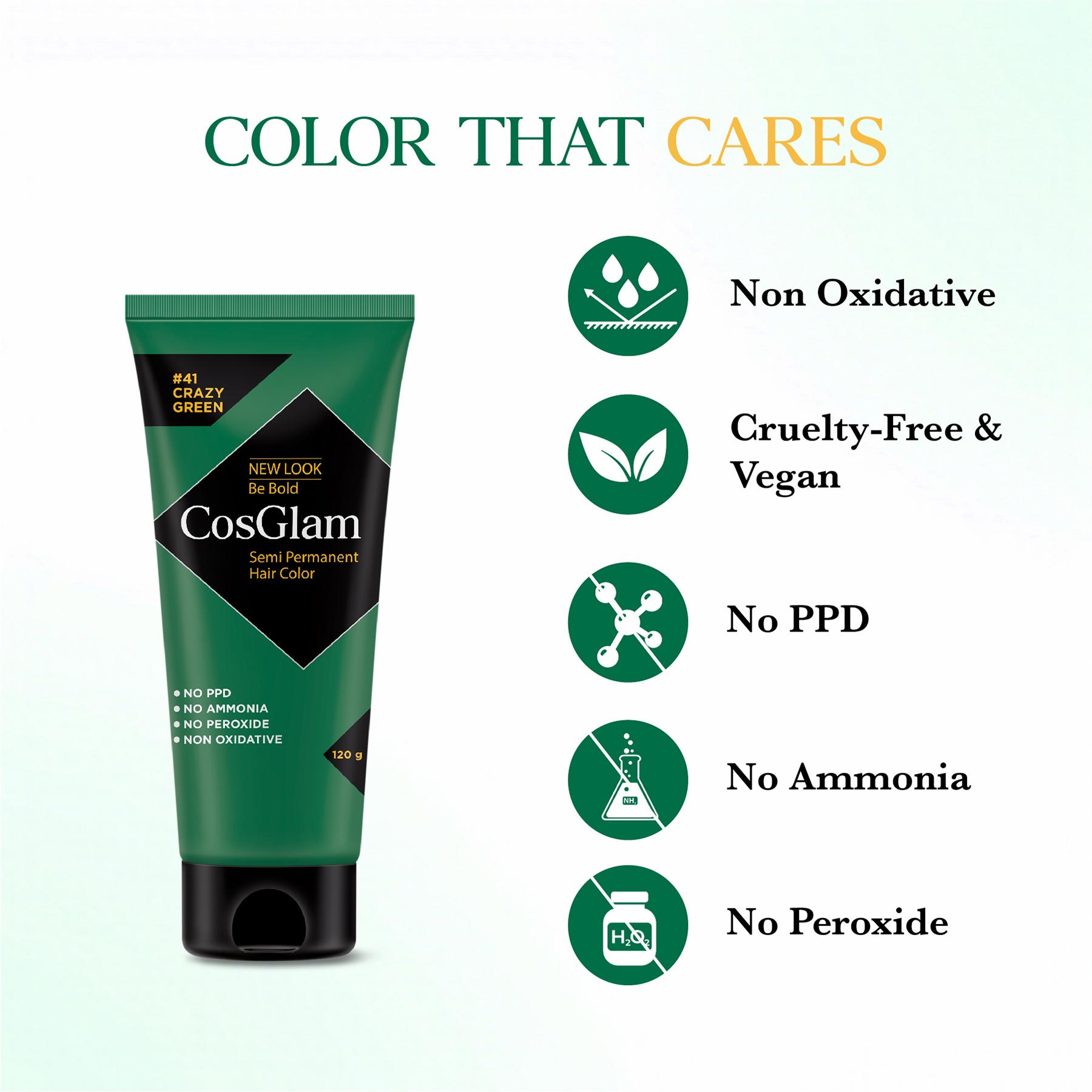 Cosglam Semi Permanent Hair Color For Women & Men, (120G, #41 Crazy Green) Enriched With Conditioner, Glossy Finish, No Ammonia, No Peroxide & Non Oxidative image 2