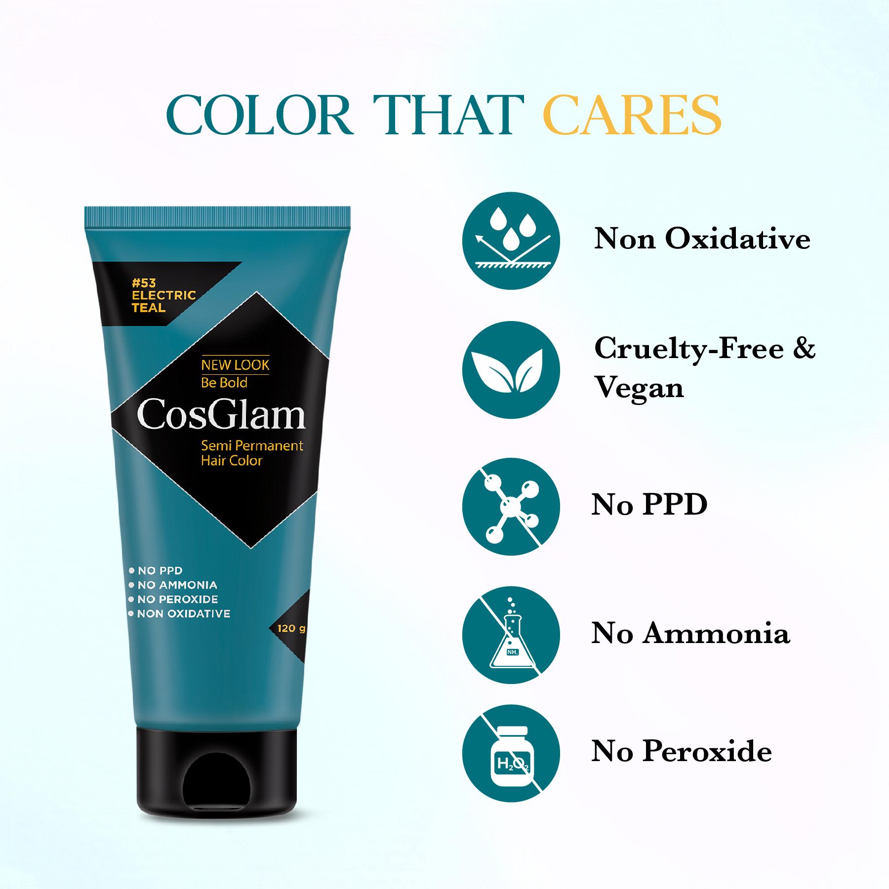 Cosglam Semi Permanent Hair Color For Women & Men, (120G, #53 Electric Teal) Enriched With Conditioner, Glossy Finish, No Ammonia, No Peroxide & Non Oxidative image 2