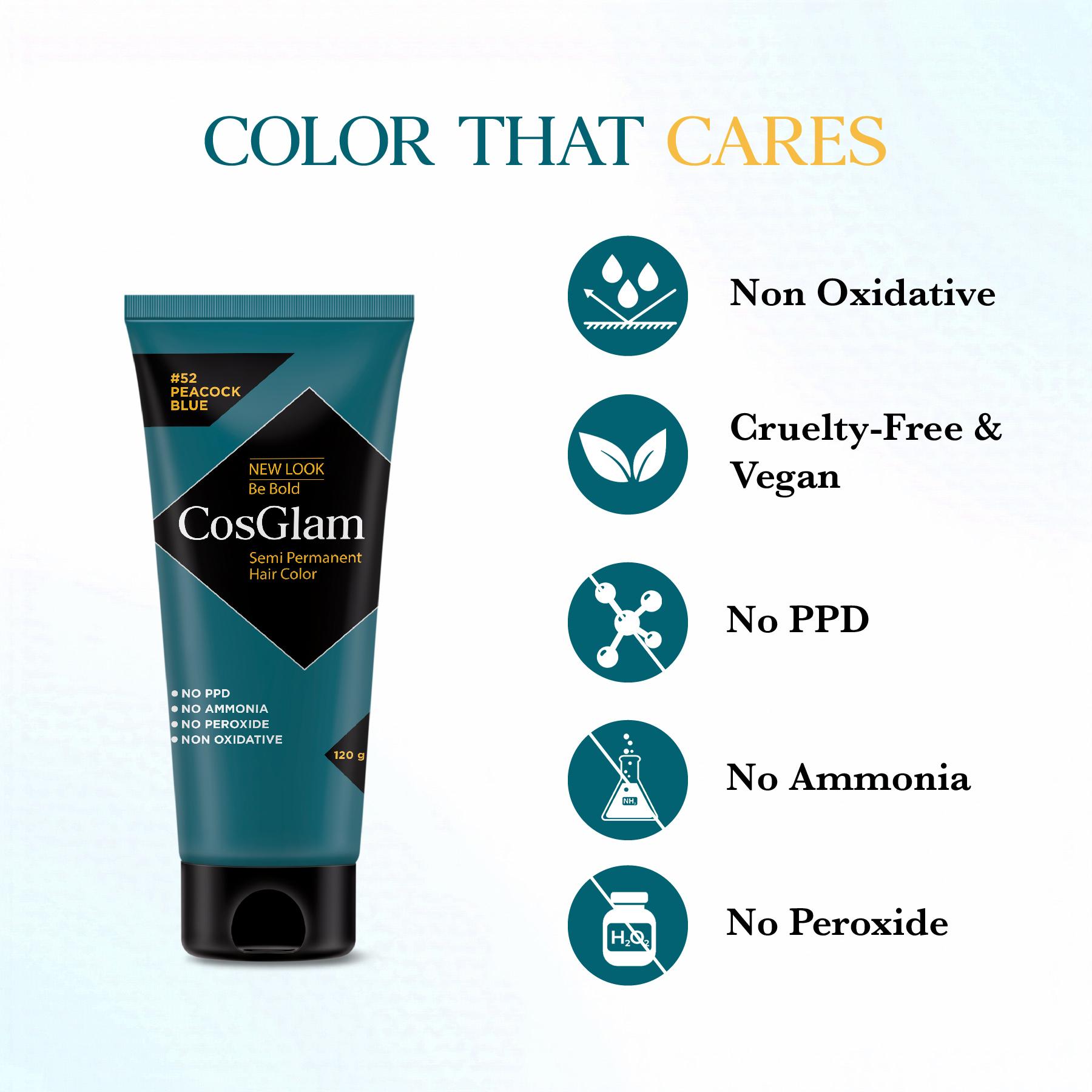 Cosglam Semi Permanent Hair Color For Women & Men, (120G, #52 Peacock Blue) Enriched With Conditioner, Glossy Finish, No Ammonia, No Peroxide & Non Oxidative image 2