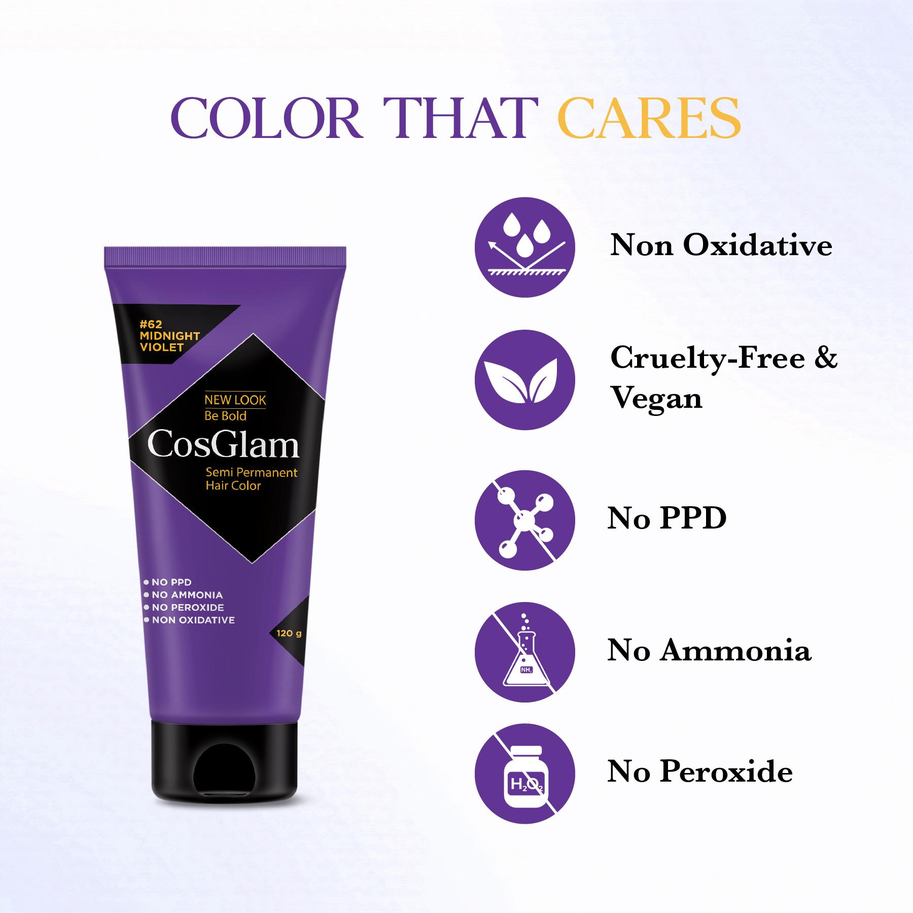 Cosglam Semi Permanent Hair Color For Women & Men, (120G, #62 Midnight Violet) Enriched With Conditioner, Glossy Finish, No Ammonia, No Peroxide & Non Oxidative image 2
