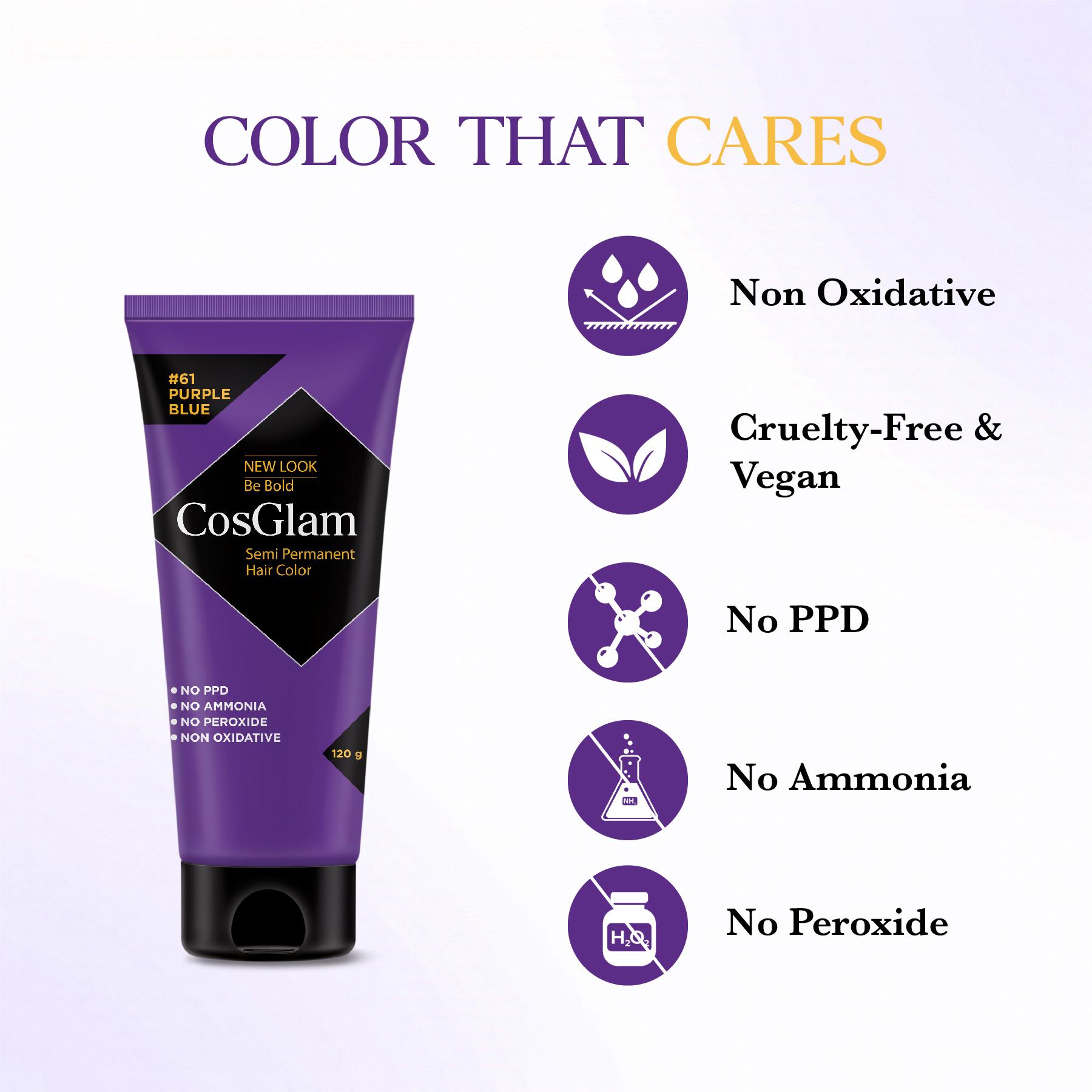 Cosglam Semi Permanent Hair Color For Women & Men, (120G, #61 Purple Blue) Enriched With Conditioner, Glossy Finish, No Ammonia, No Peroxide & Non Oxidative image 2