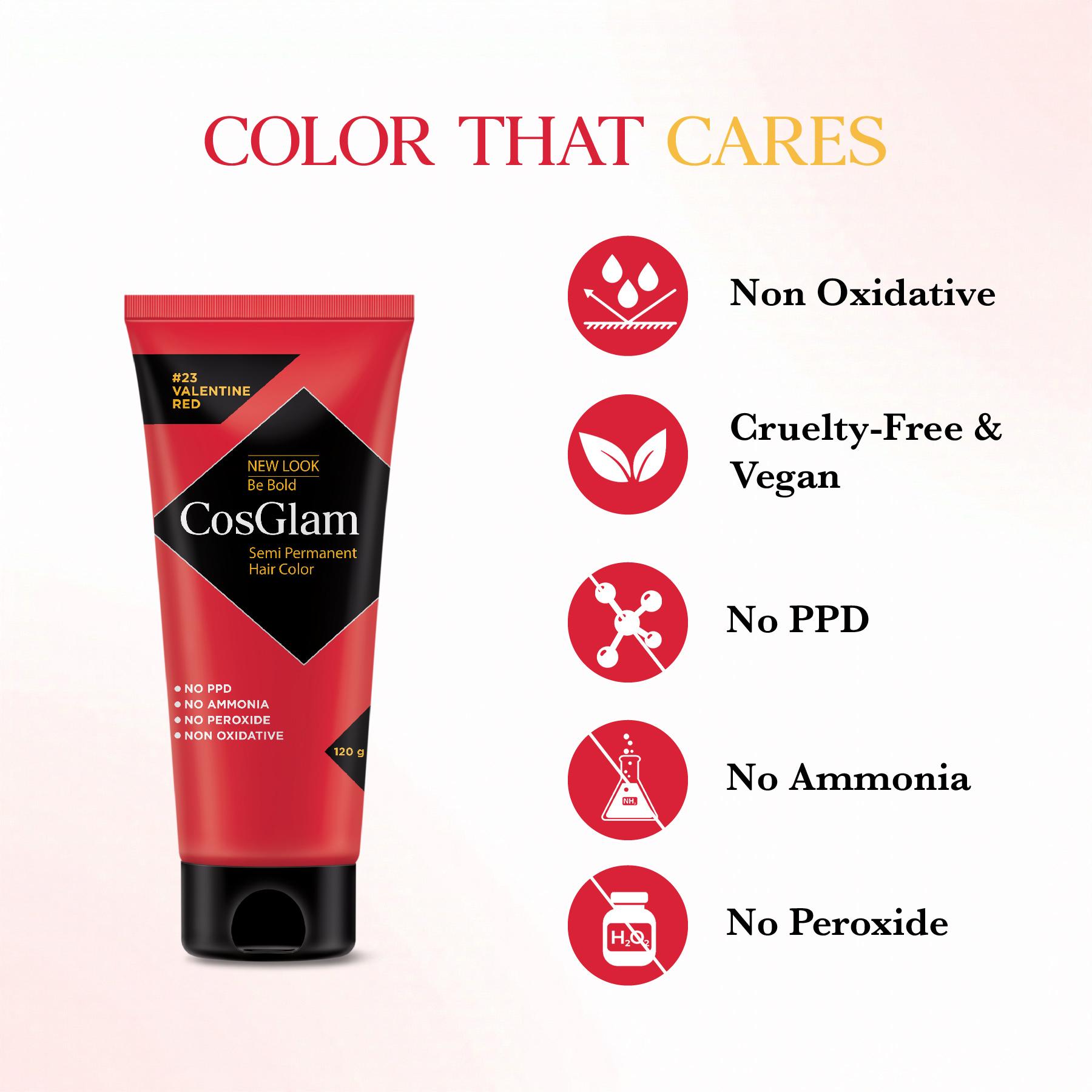 Cosglam Semi Permanent Hair Color For Women & Men, (120G, #23 Valentine Red) Enriched With Conditioner, Glossy Finish, No Ammonia, No Peroxide & Non Oxidative image 2