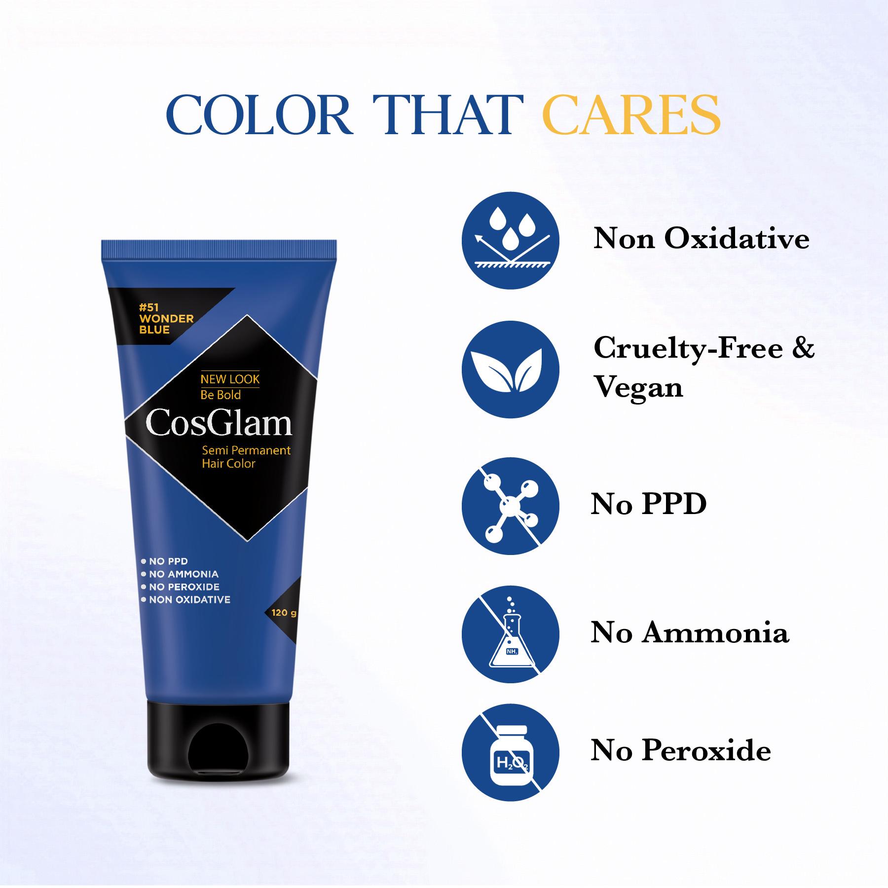 Cosglam Semi Permanent Hair Color For Women & Men, (120G, #51 Wonder Blue) Enriched With Conditioner, Glossy Finish, No Ammonia, No Peroxide & Non Oxidative image 2