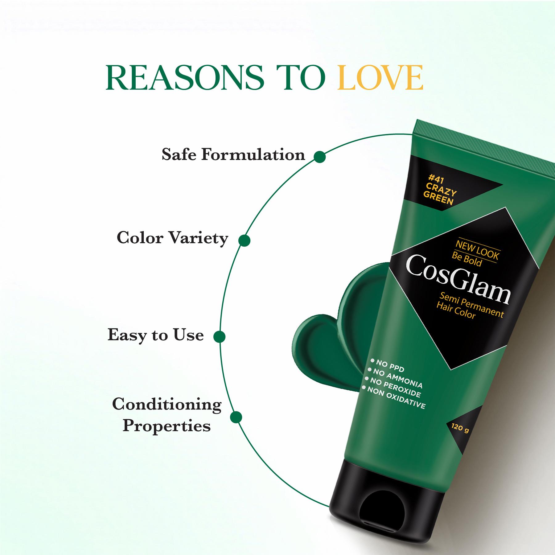 Cosglam Semi Permanent Hair Color For Women & Men, (120G, #41 Crazy Green) Enriched With Conditioner, Glossy Finish, No Ammonia, No Peroxide & Non Oxidative image 3