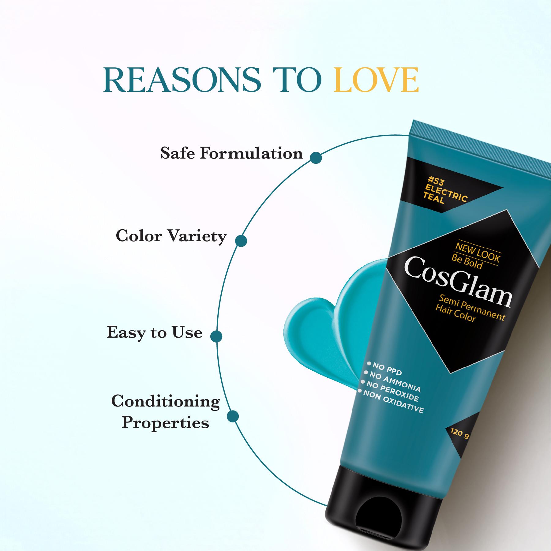 Cosglam Semi Permanent Hair Color For Women & Men, (120G, #53 Electric Teal) Enriched With Conditioner, Glossy Finish, No Ammonia, No Peroxide & Non Oxidative image 3