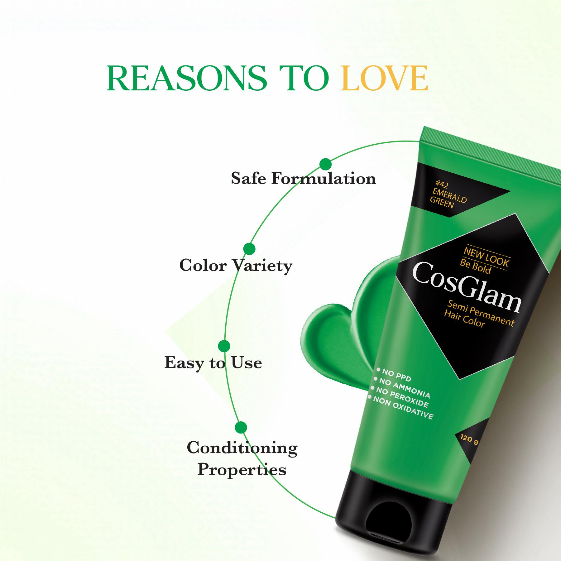 Cosglam Semi Permanent Hair Color For Women & Men, (120G, #42 Emerald Green) Enriched With Conditioner, Glossy Finish, No Ammonia, No Peroxide & Non Oxidative image 3
