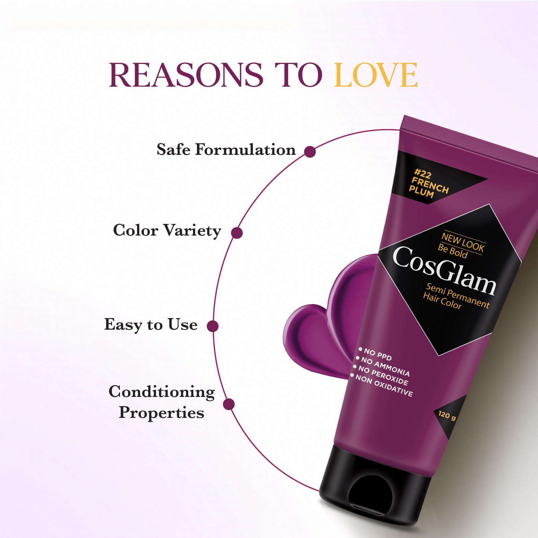 Cosglam Semi Permanent Hair Color For Women & Men, (120G, #22 French Plum) Enriched With Conditioner, Glossy Finish, No Ammonia, No Peroxide & Non Oxidative image 3