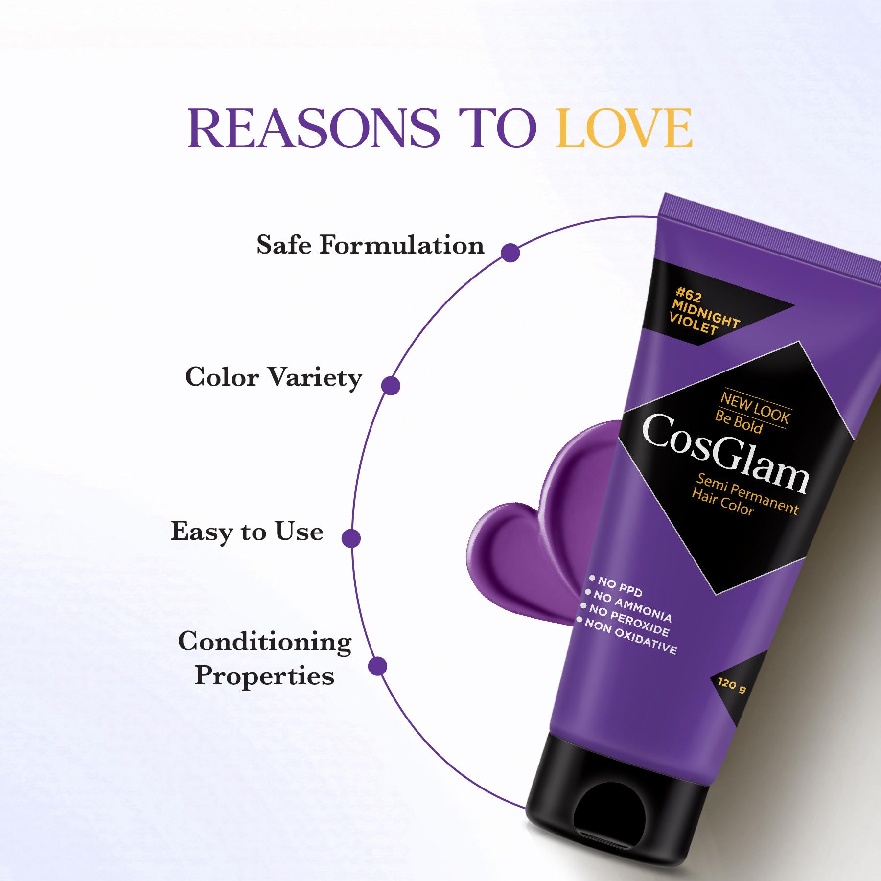 Cosglam Semi Permanent Hair Color For Women & Men, (120G, #62 Midnight Violet) Enriched With Conditioner, Glossy Finish, No Ammonia, No Peroxide & Non Oxidative image 3
