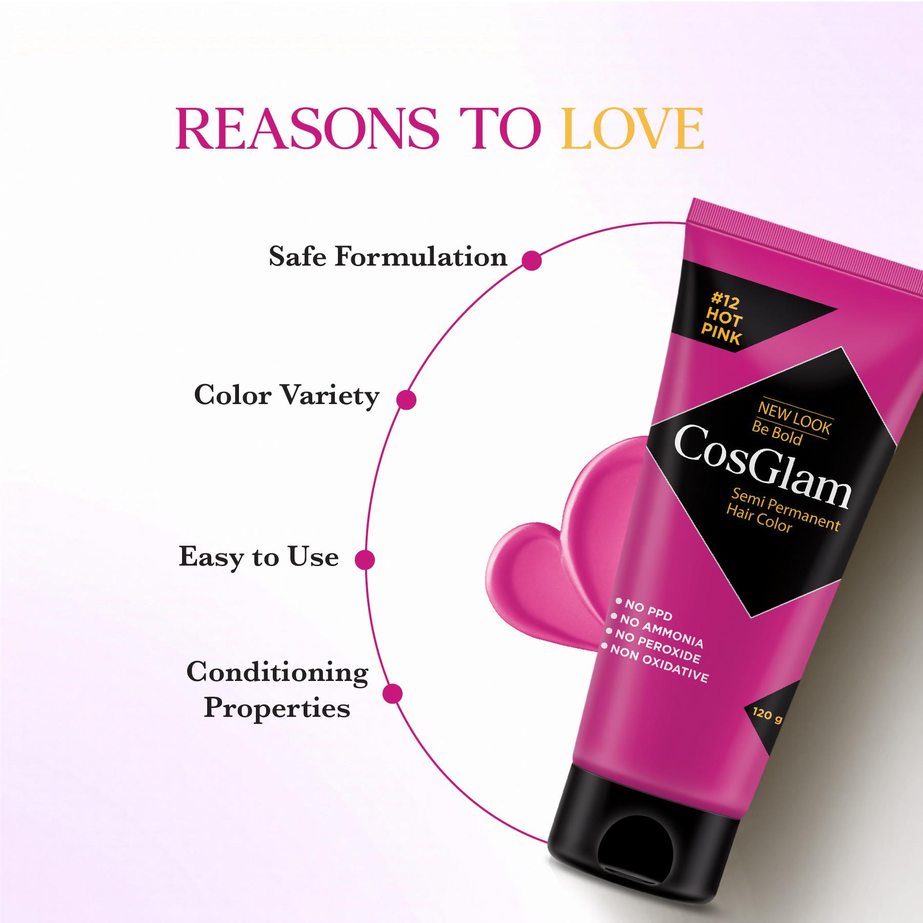 Cosglam Semi Permanent Hair Color For Women & Men, (120G, #12 Hot Pink) Enriched With Conditioner, Glossy Finish, No Ammonia, No Peroxide & Non Oxidative image 3