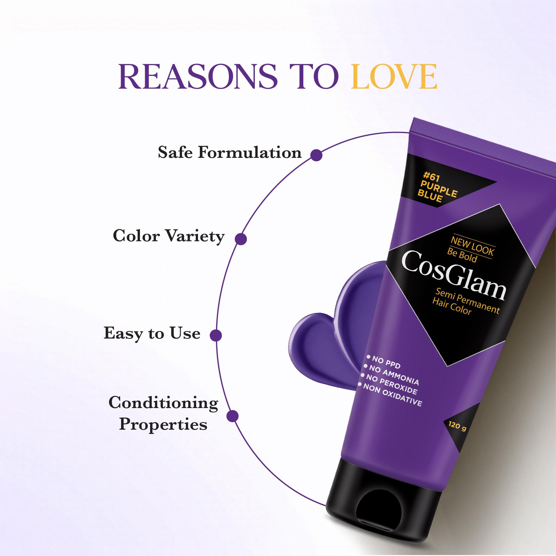 Cosglam Semi Permanent Hair Color For Women & Men, (120G, #61 Purple Blue) Enriched With Conditioner, Glossy Finish, No Ammonia, No Peroxide & Non Oxidative image 3