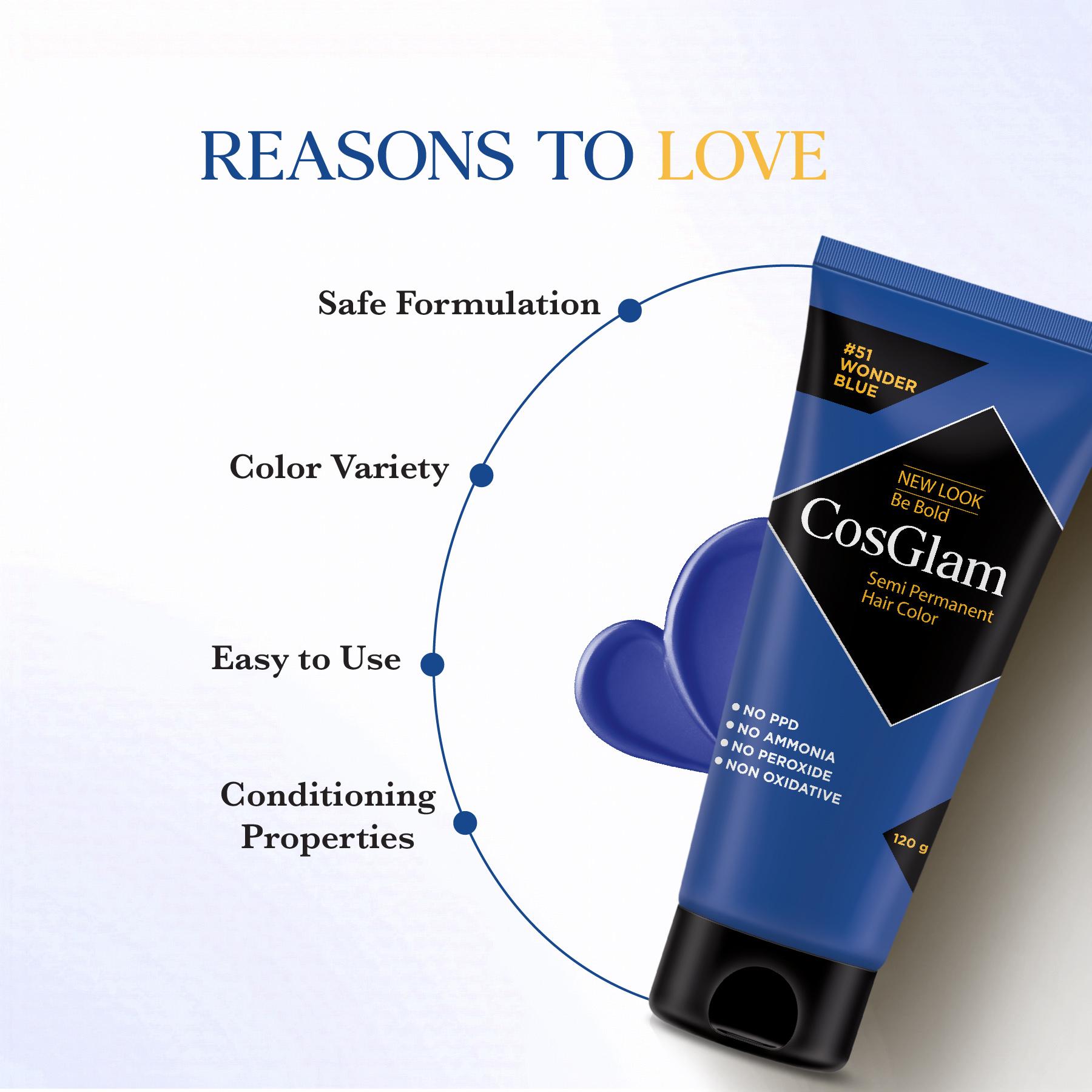 Cosglam Semi Permanent Hair Color For Women & Men, (120G, #51 Wonder Blue) Enriched With Conditioner, Glossy Finish, No Ammonia, No Peroxide & Non Oxidative image 3