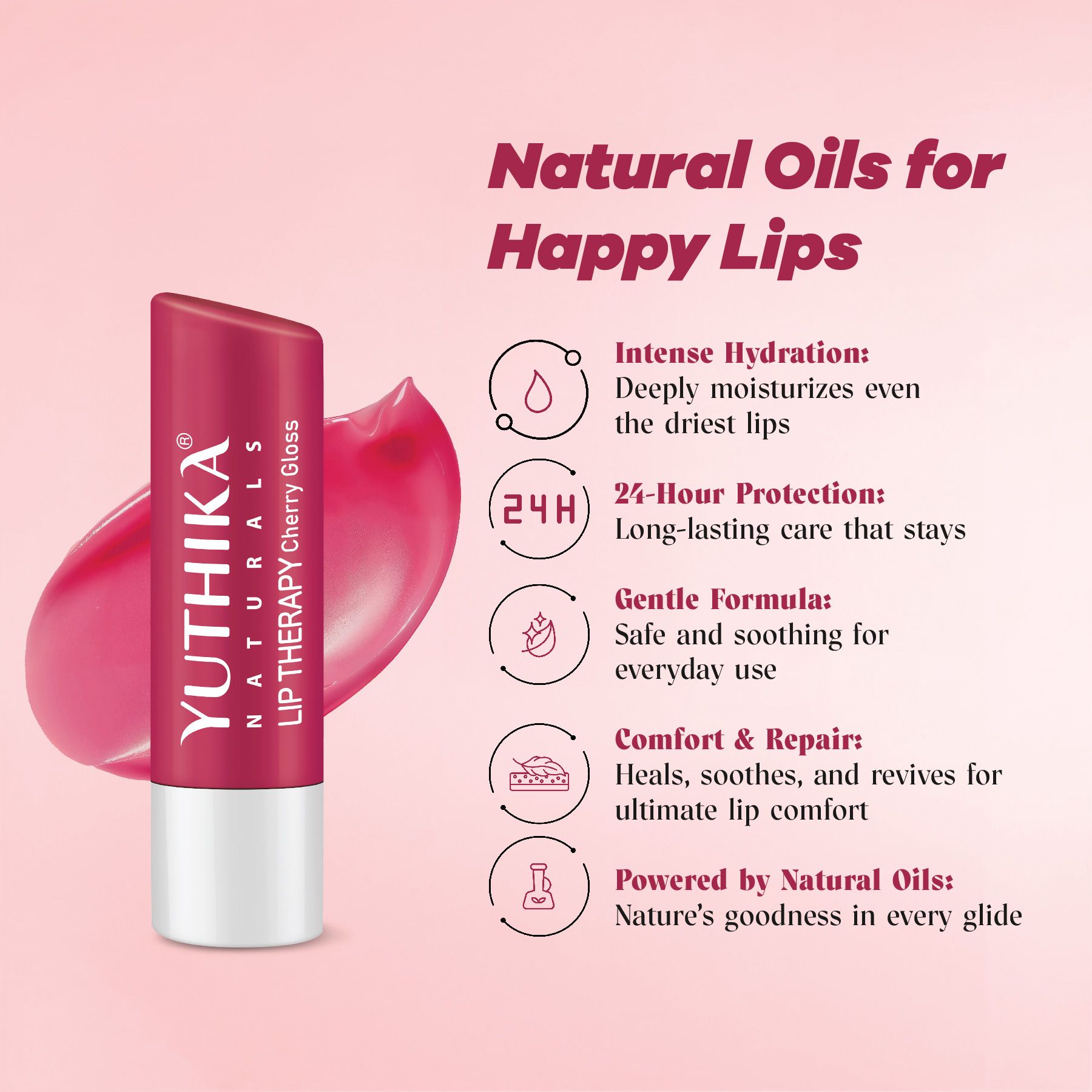Yuthika Moisturizing Lip Balm – Cherry Gloss 4.8G | Repairs Dry, Damaged Lips With Natural Oils| Hydrated & Smooth Lips | Glossy Finish image 4