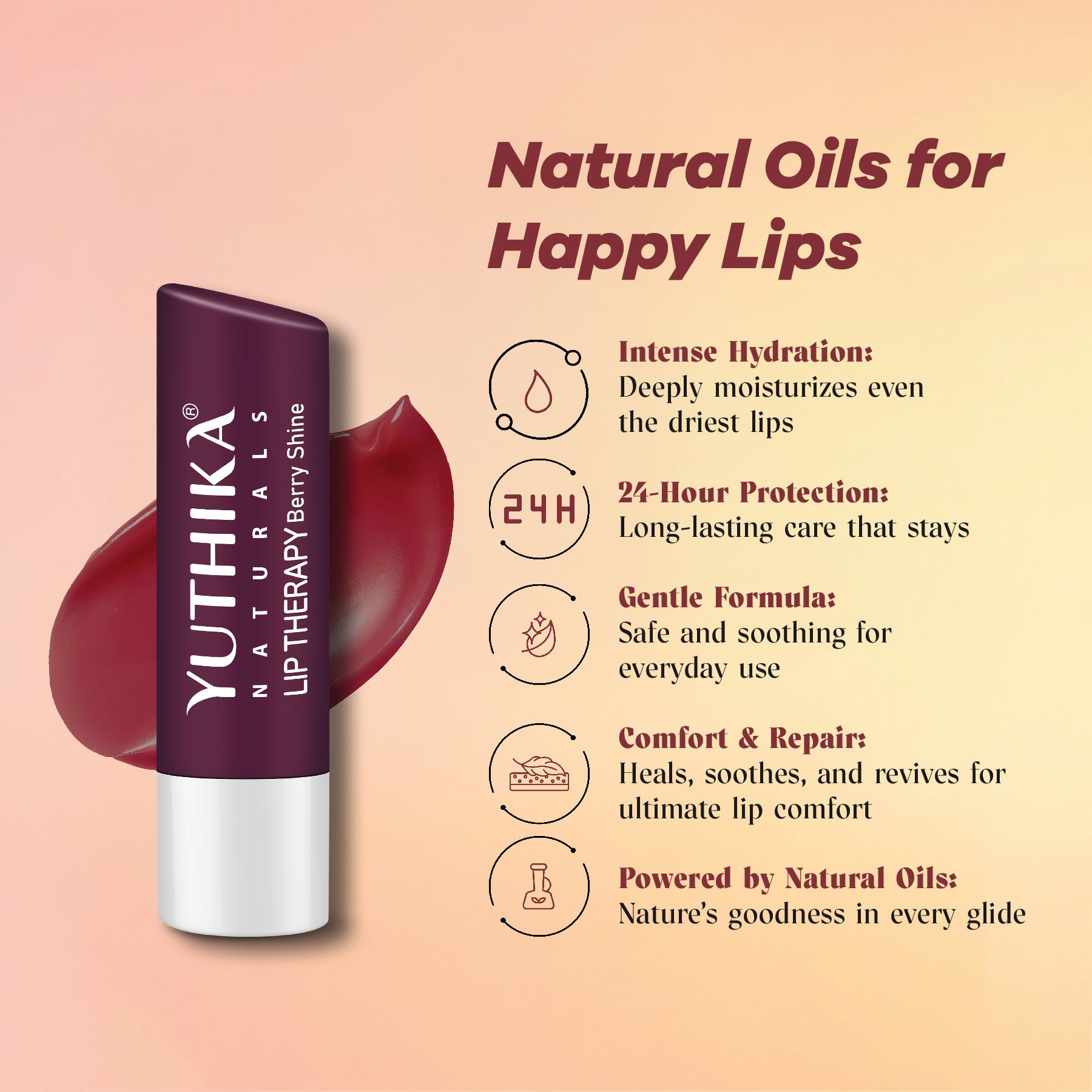 Yuthika Moisturizing Lip Balm – Berry Shine 4.8G | Repairs Dry, Damaged Lips With Natural Oils | Hydrated & Smooth Lips | Glossy Finish image 4