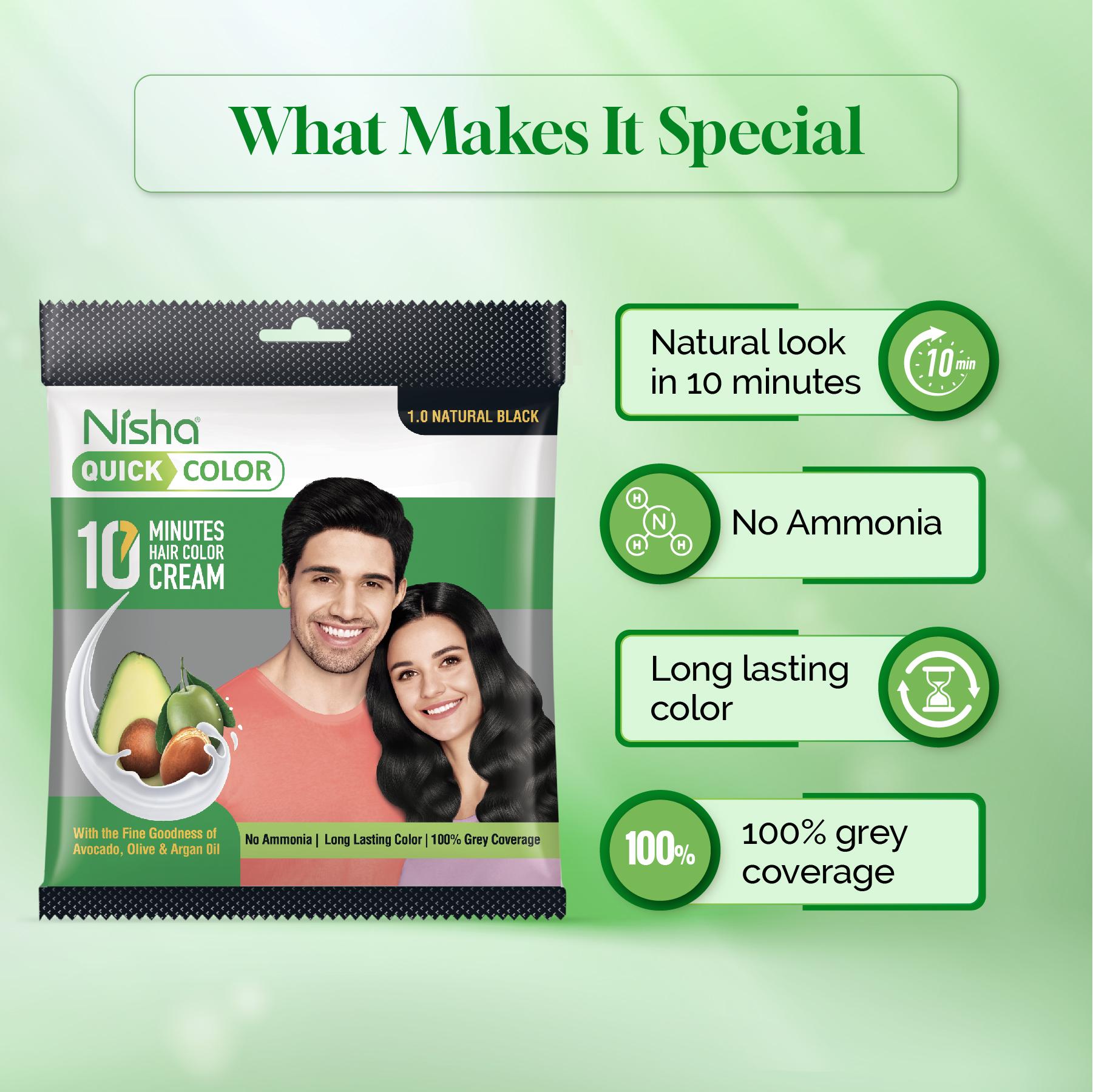 Nisha Hair Colour For Women & Men - 1.0 Natural Black Permanent Hair Colour Quick Color 10-MINUTE 30G Pouch Ammonia-free image 4