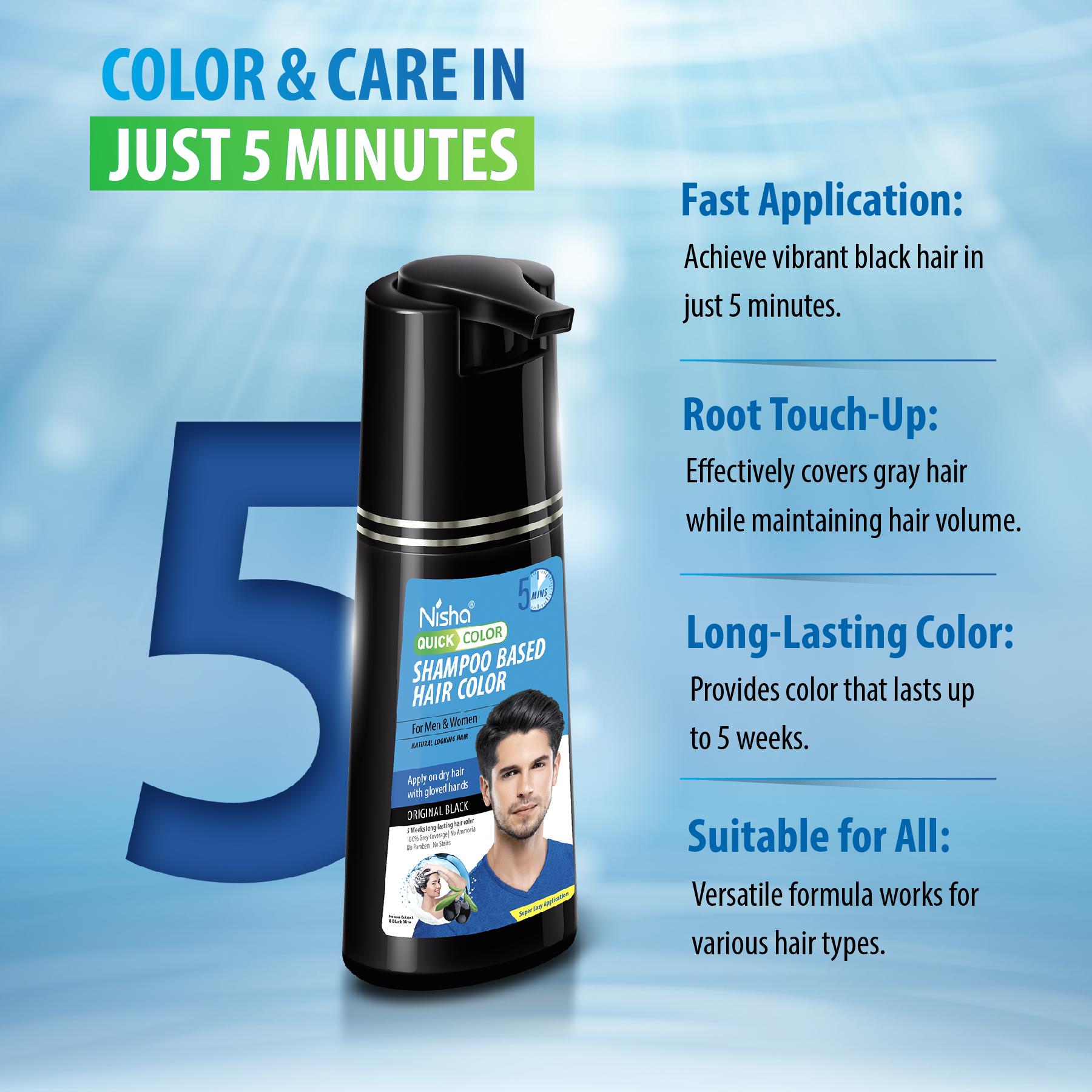 Nisha Quick Color Shampoo Hair Color, Ammonia Free, 100% Grey Coverage, Long Lasting Colour Up To 5 Weeks, Easy, Mess-free Use For Men & Women, Original Black (180ML) image 4