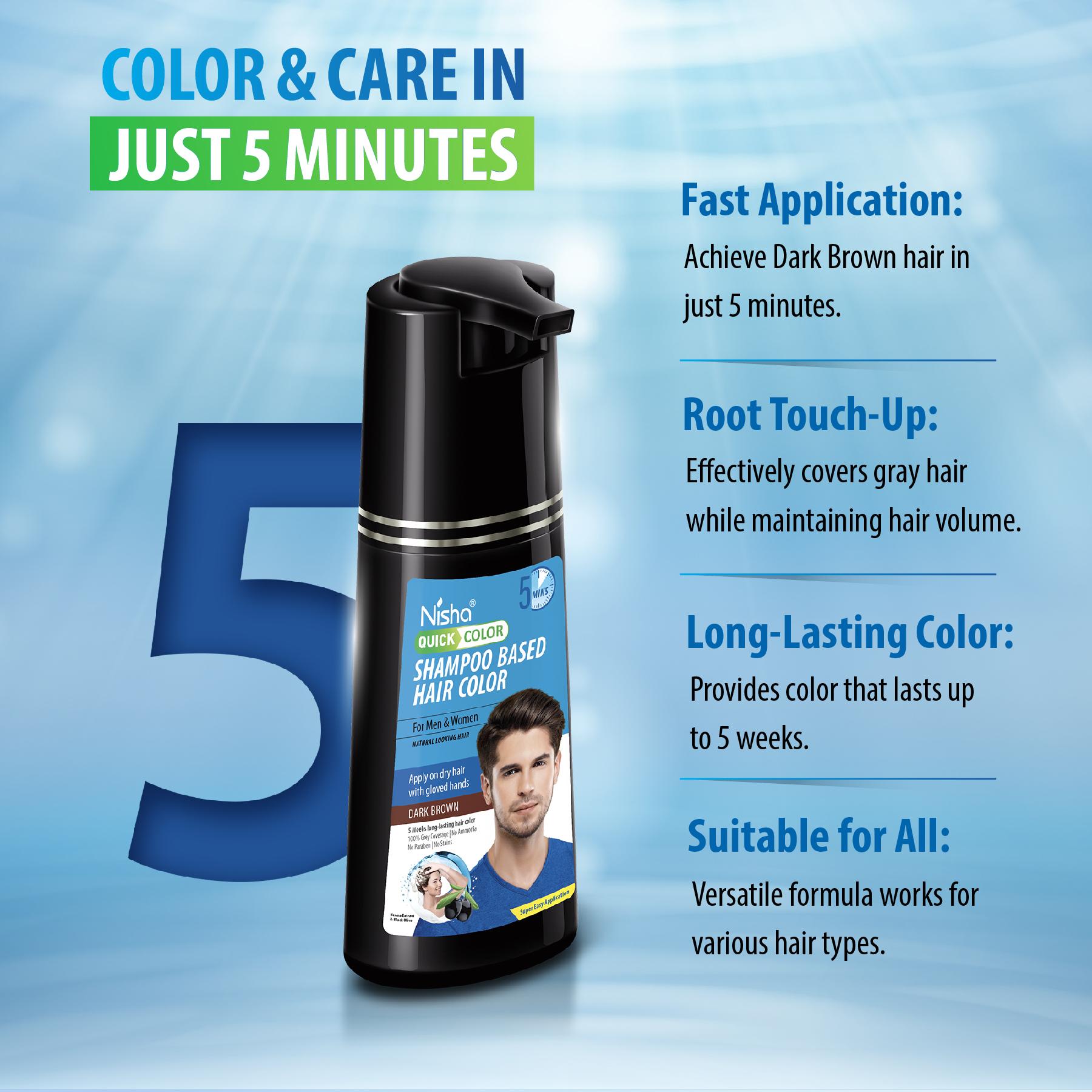 Nisha Quick Color Shampoo Hair Color, Ammonia Free, 100% Grey Coverage, Long Lasting Colour Up To 5 Weeks, Easy, Mess-free Use For Men & Women, Dark Brown (180ML) image 4