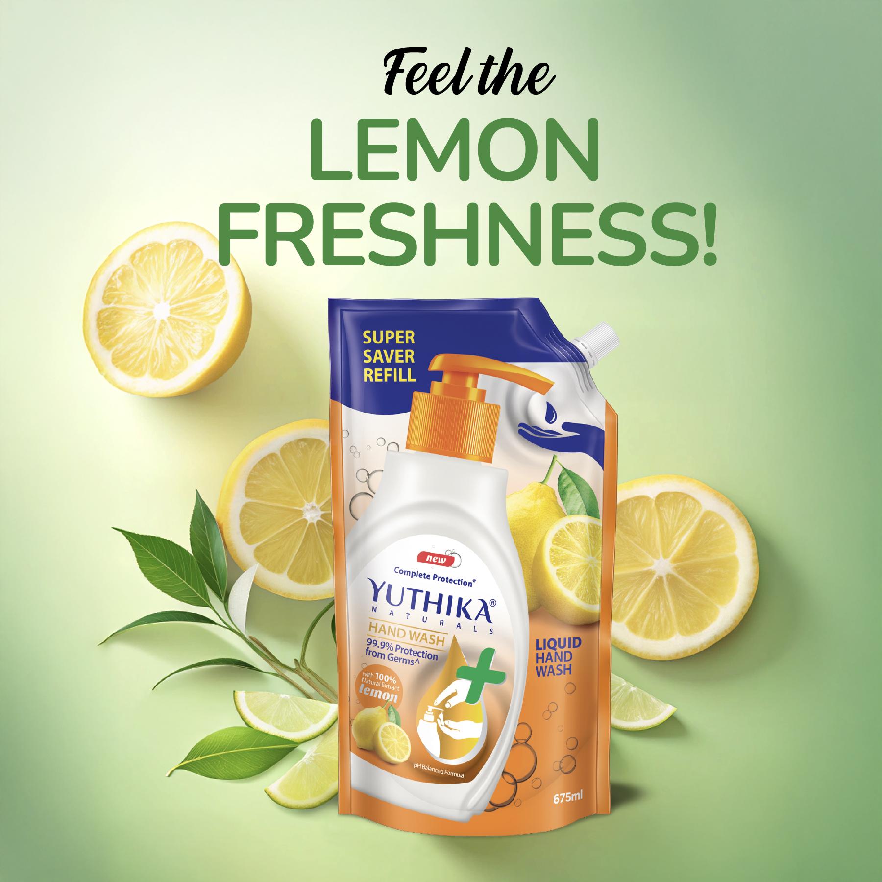 Yuthika Germ Protection Lemon Hand Wash Liquid Refill 675ML | Antibactirial Handwash With Ph Balanced Formula image 4