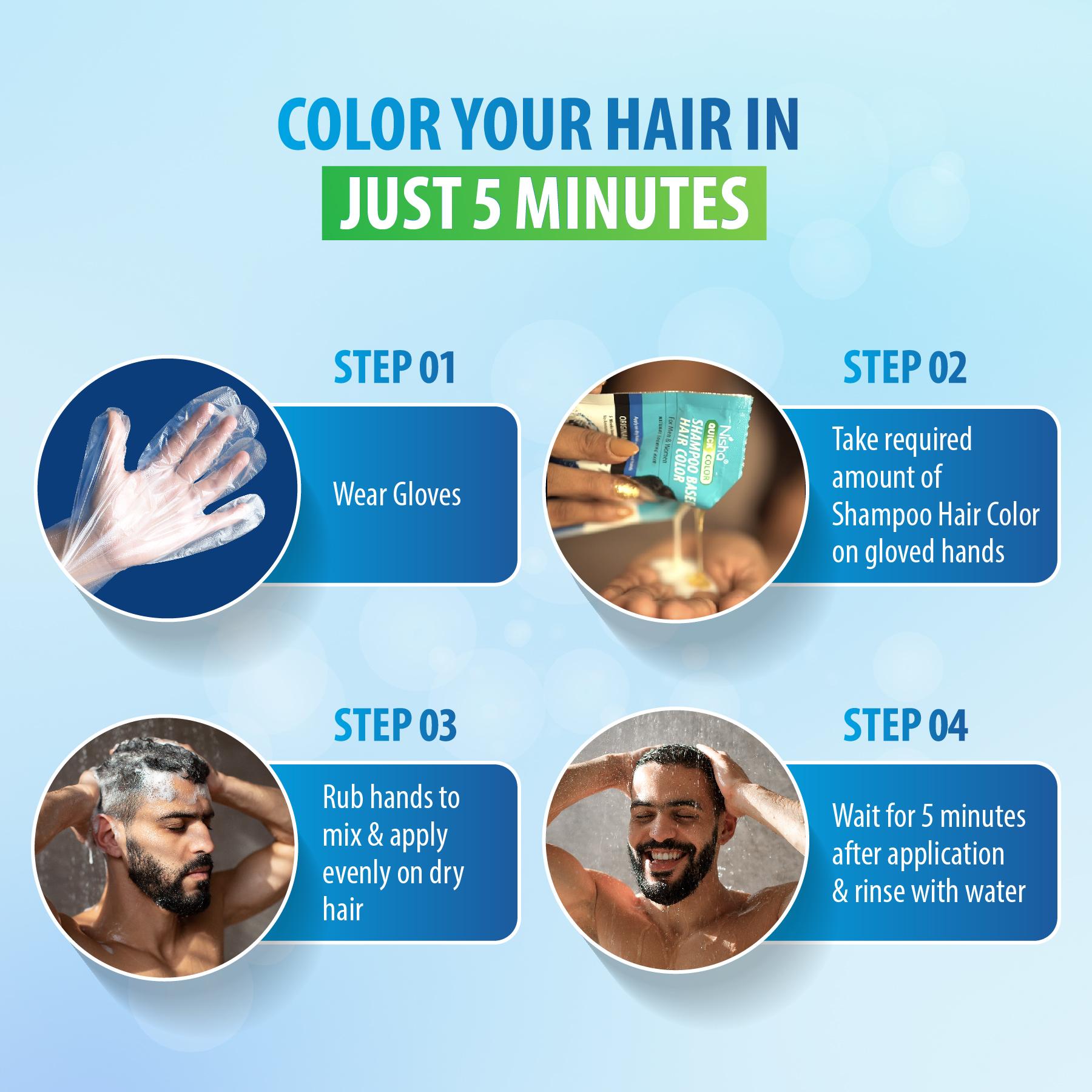 Nisha Quick Color Shampoo Hair Color, Ammonia Free, 100% Grey Coverage, Long Lasting Colour Up To 5 Weeks, Easy, Mess-free Use For Men & Women, Original Black (200ML) image 5