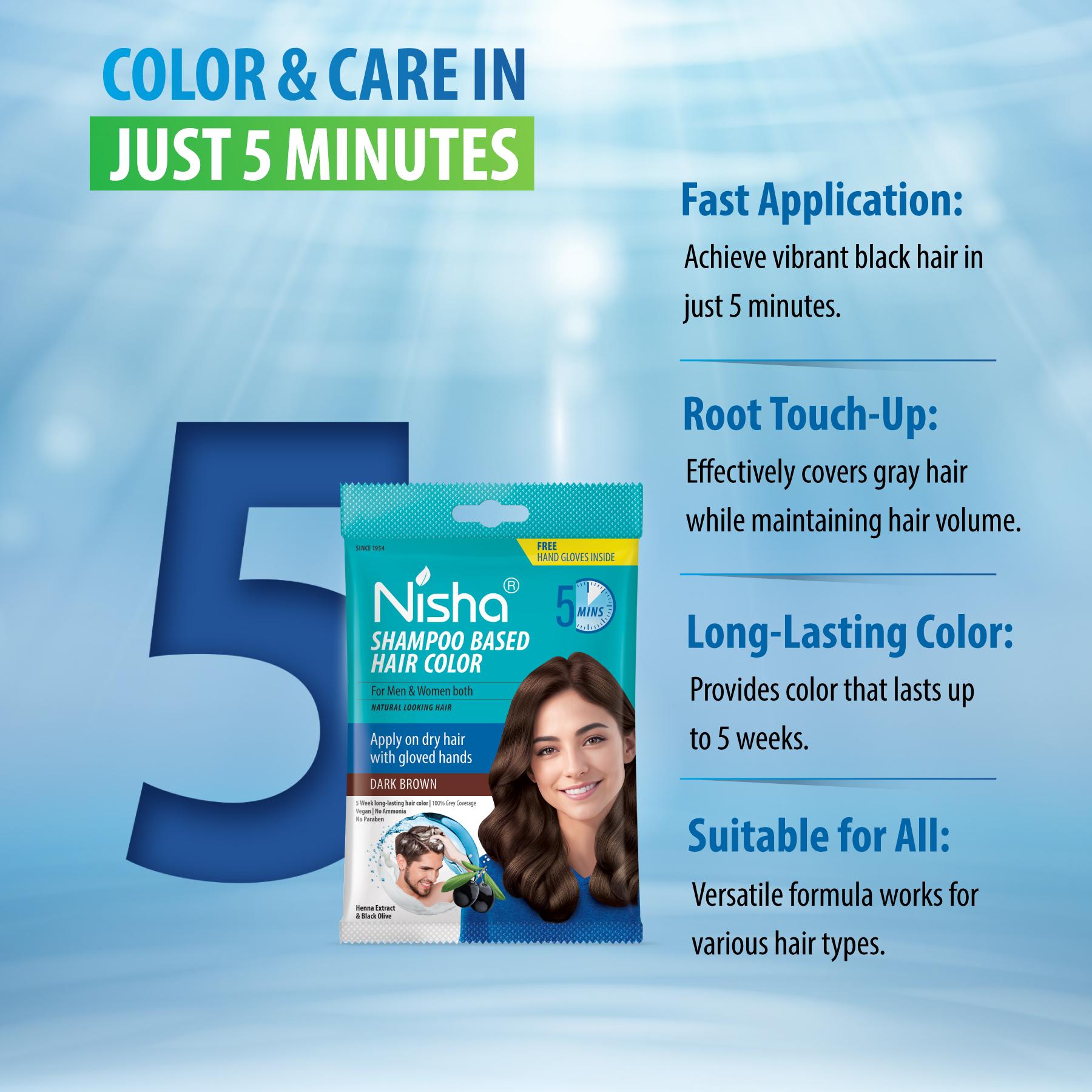 Nisha Quick Color Shampoo Hair Color, Ammonia Free, 100% Grey Coverage, Long Lasting Colour Up To 5 Weeks, Easy, Mess-free Use For Men & Women, Dark Brown (160ML) image 5