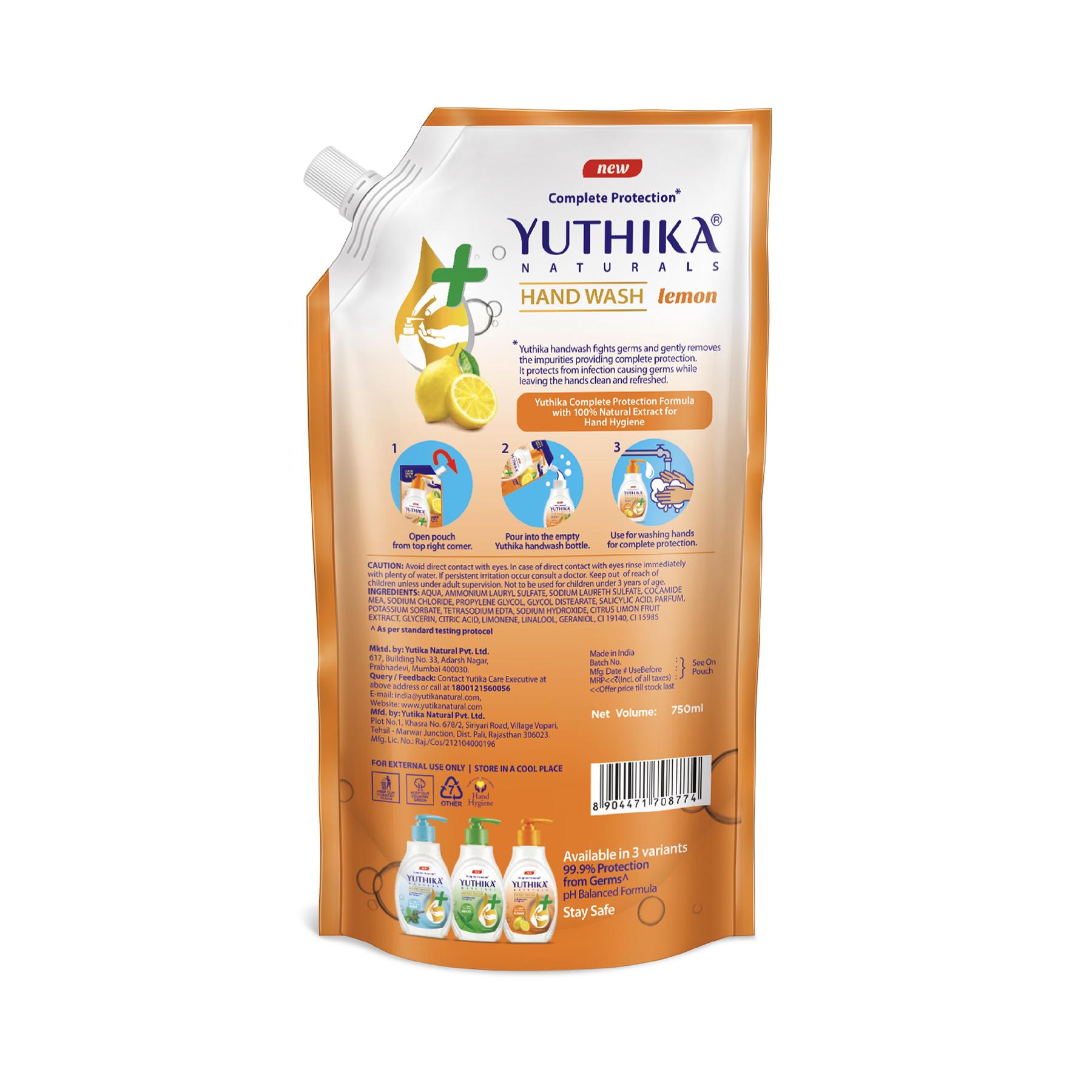 Yuthika Germ Protection Lemon Hand Wash Liquid Refill 750ML | Antibactirial Handwash With Ph Balanced Formula image 6