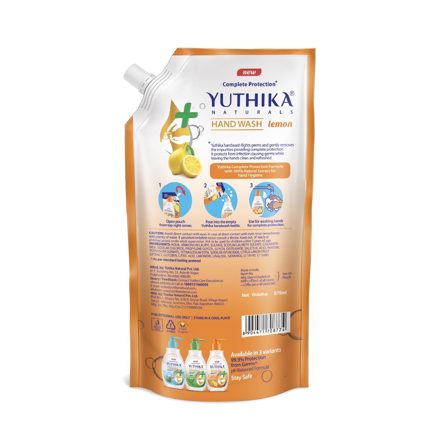 Yuthika Germ Protection Lemon Hand Wash Liquid Refill 675ML | Antibactirial Handwash With Ph Balanced Formula image 6