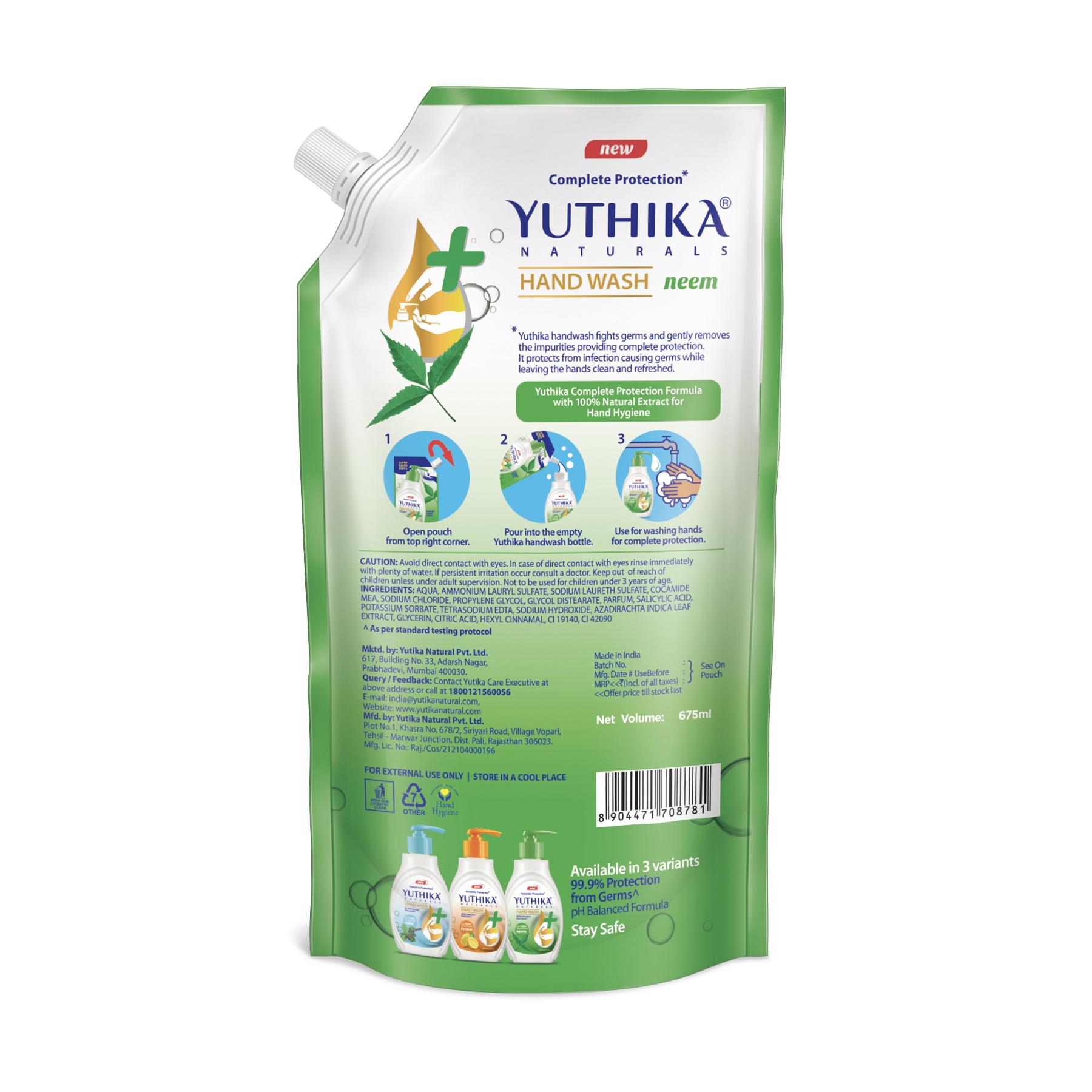 Yuthika Germ Protection Neem Hand Wash Liquid Refill 675ML | Antibactirial Handwash With Ph Balanced Formula image 6